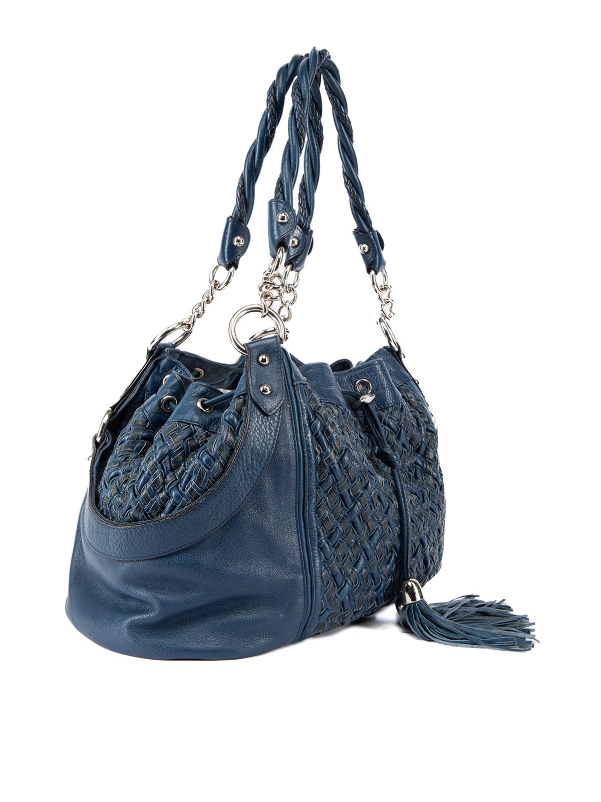 CONDITION is Good. Overall wear to bag is evident. Wear to woven leather is visible. Pilling and stains to interior suede material on this used Zac Posen designer resale item. Details Blue Leather Shoulder bag Woven design Drawstring fastening