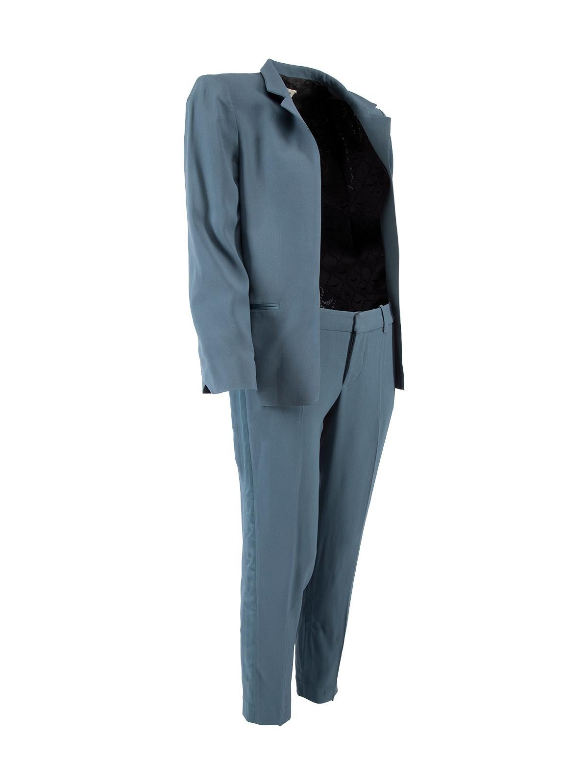 CONDITION is Very good. Some stitching to trousers has come undone inside the bottom of the ankle is evident. Slight sheen to fabric wear to blazer from iron use on this used Zadig & Voltaire designer resale item. Details Blue Acetate Evening wear