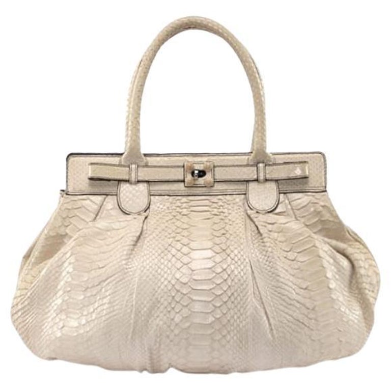Pre-Loved Zagliani Women's White Exotic Leather Clasp Top Handle Bag For Sale