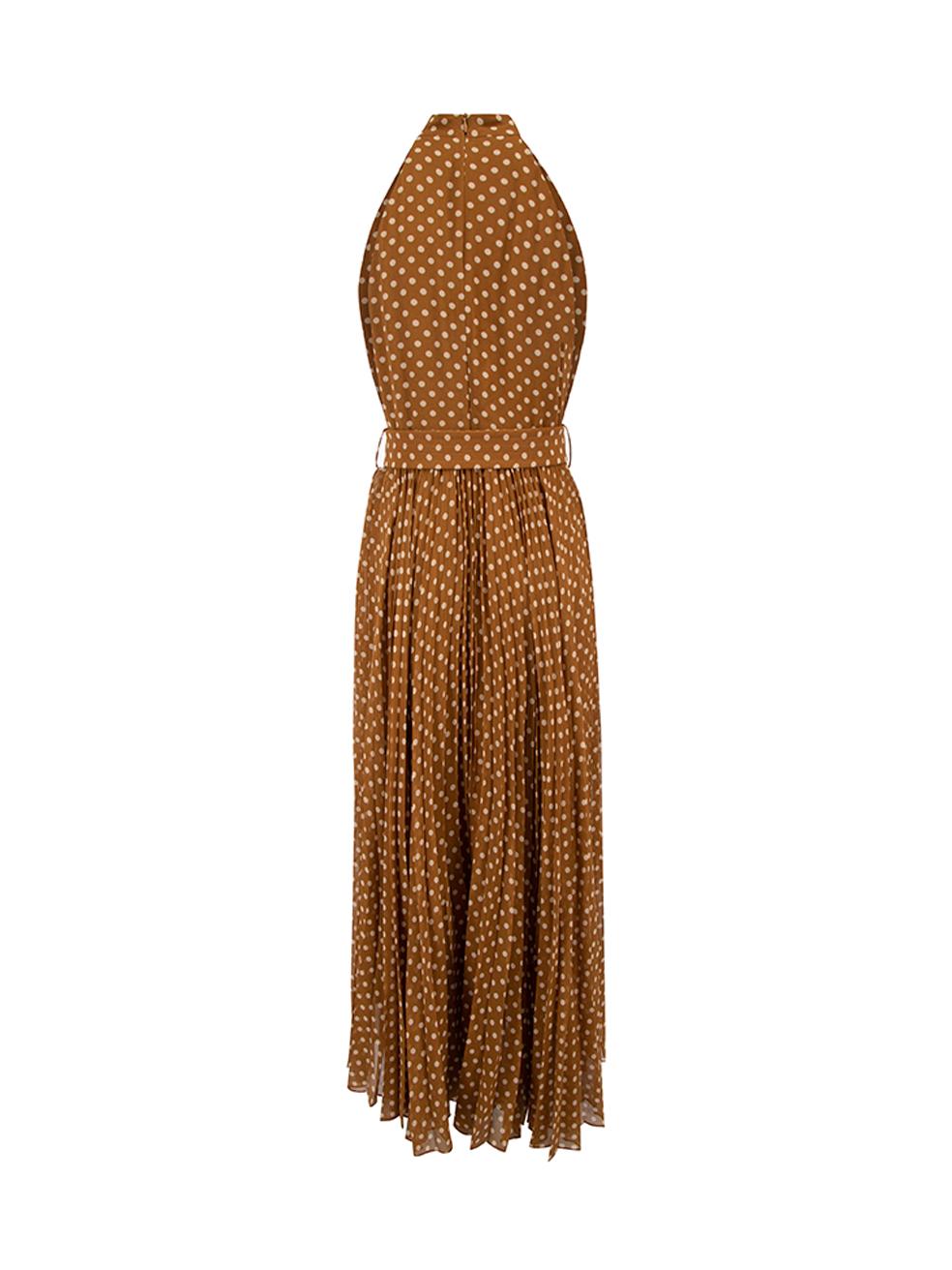CONDITION is Very good. Hardly any visible wear to dress is evident on this used Zimmermann designer resale item. Details Brown Polyester Maxi dress Polkadot pattern Halterneck Back zip closure Pleated skirt Belted with belt hoops Made in China