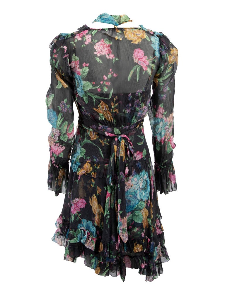 Allegra K Women's Floral Ruffle Trim Dress - Long Sleeve Doll Collar Smocked Waist A-Line Dress, Dark Blue