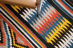 Pre-Mondrian Antique Varamin Kilim in Abstract Art Rug in Red, Gold and Indigo