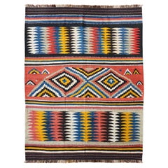 Pre-Mondrian Antique Varamin Kilim in Abstract Art Rug in Red, Gold and Indigo
