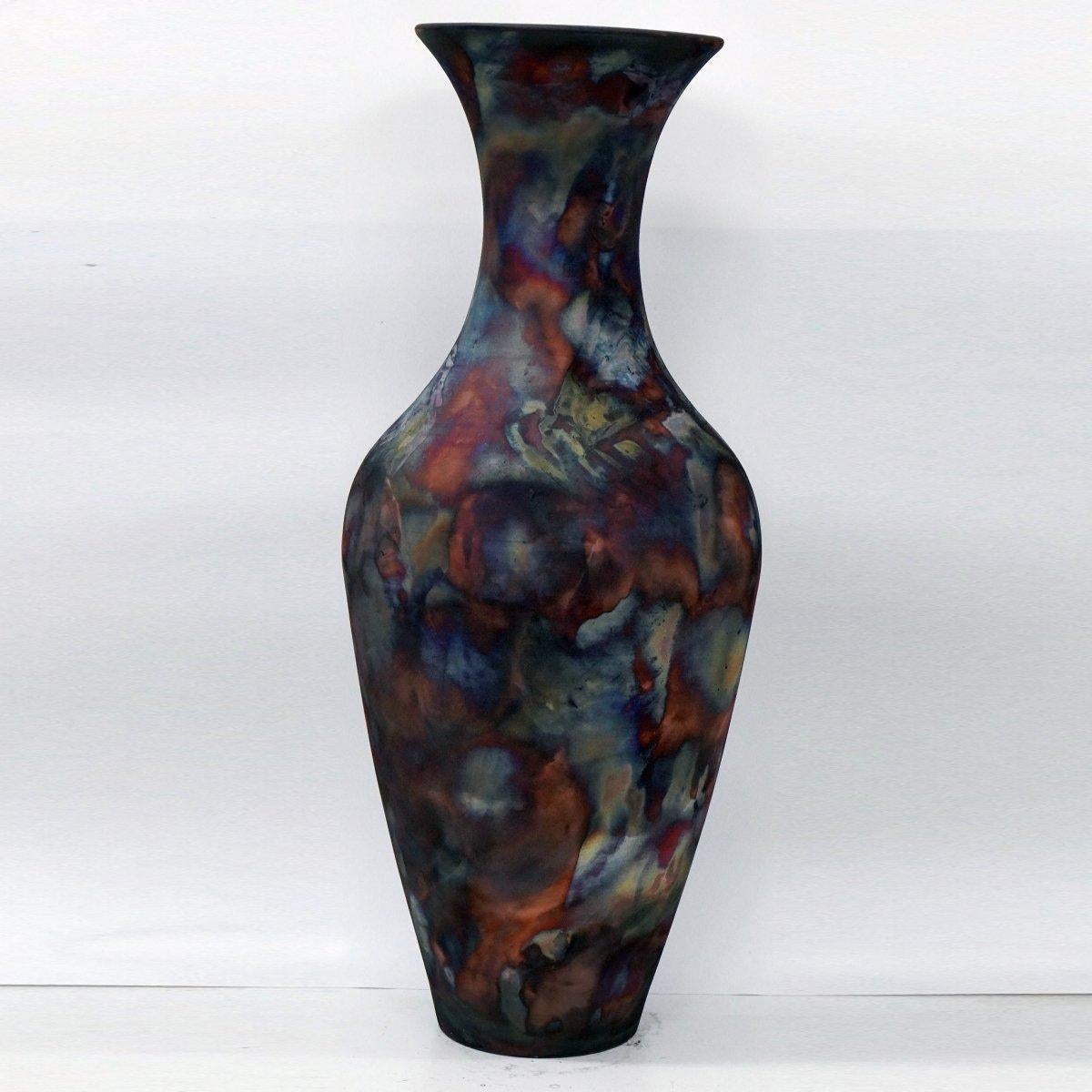 Fired Pre-Order Grand Floor Twin Pair Vases, 37.5 inch Tall, Ceramic Raku Pottery For Sale