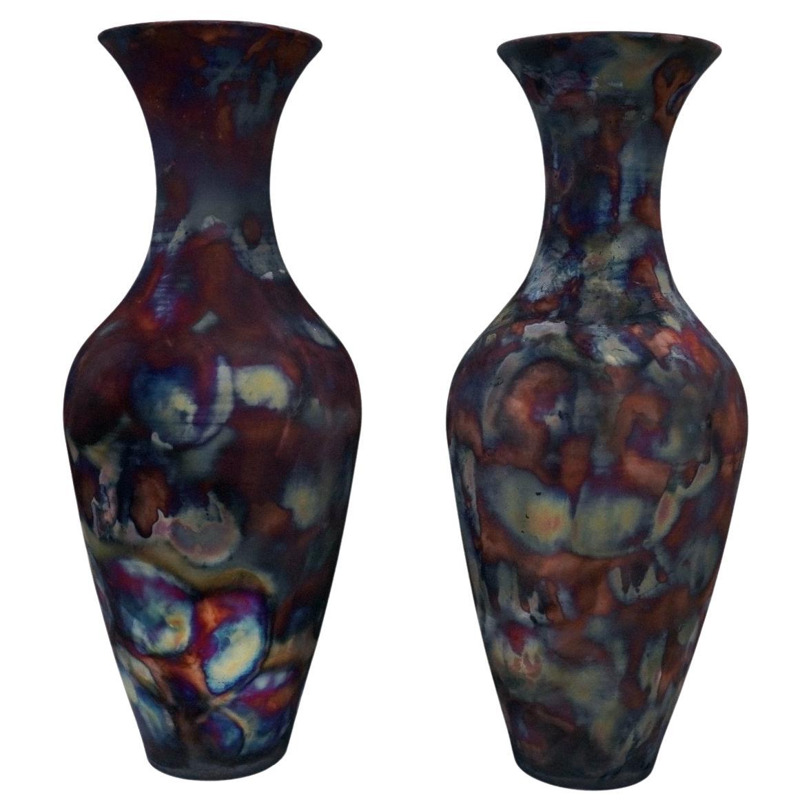 Pre-Order Grand Floor Twin Pair Vases, 37.5 inch Tall, Ceramic Raku Pottery For Sale