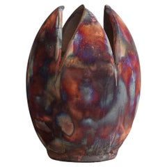 Grand vase à fleurs 11 pouces, cuivre mat et céramique Raku Pottery décoré