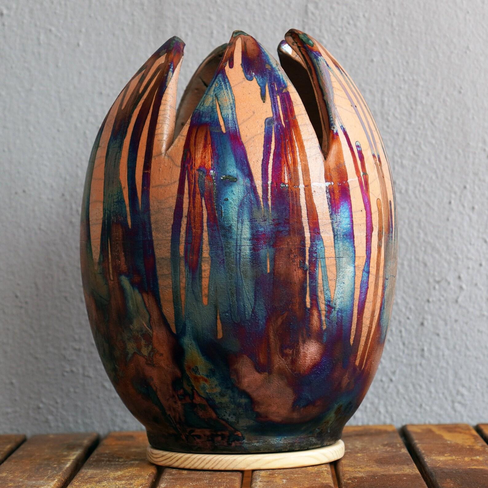 Malaysian Pre-Order Large Flower Vase, Half Copper Matte, Ceramic Raku Pottery Decor For Sale