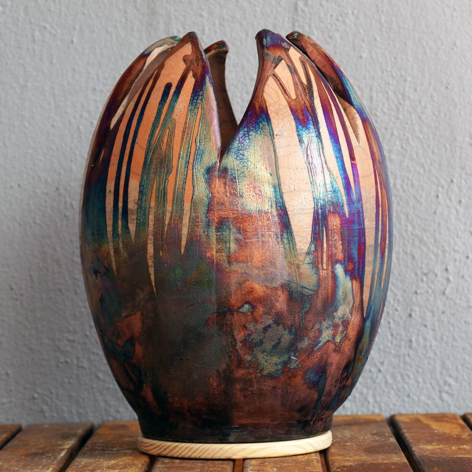 Fired Pre-Order Large Flower Vase, Half Copper Matte, Ceramic Raku Pottery Decor For Sale
