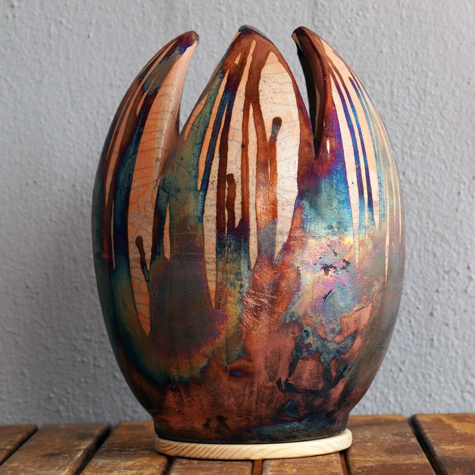 Pre-Order Large Flower Vase, Half Copper Matte, Ceramic Raku Pottery Decor In New Condition For Sale In Petaling Jaya, MY
