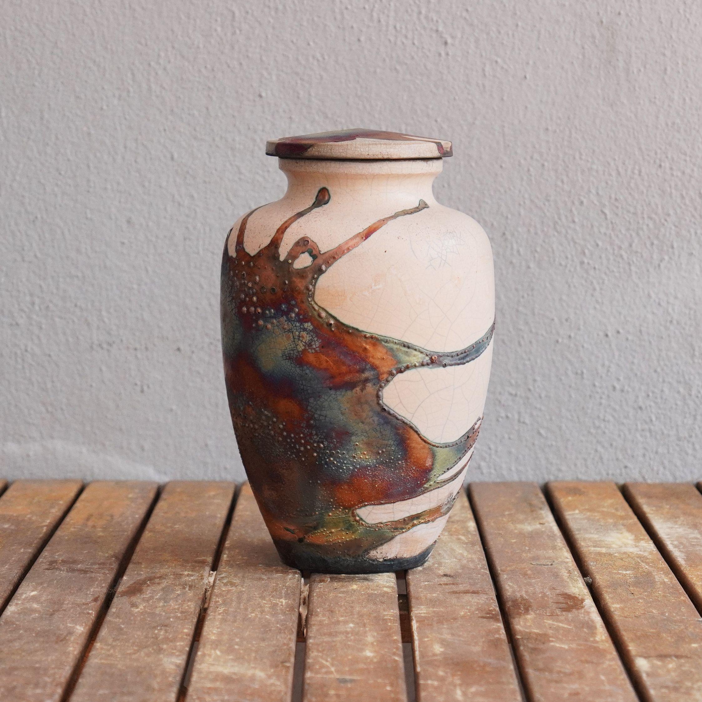 Modern Pre-Order Omoide Urn 170 Cubic Inches, Half Copper Matte, Ceramic Raku Pottery For Sale