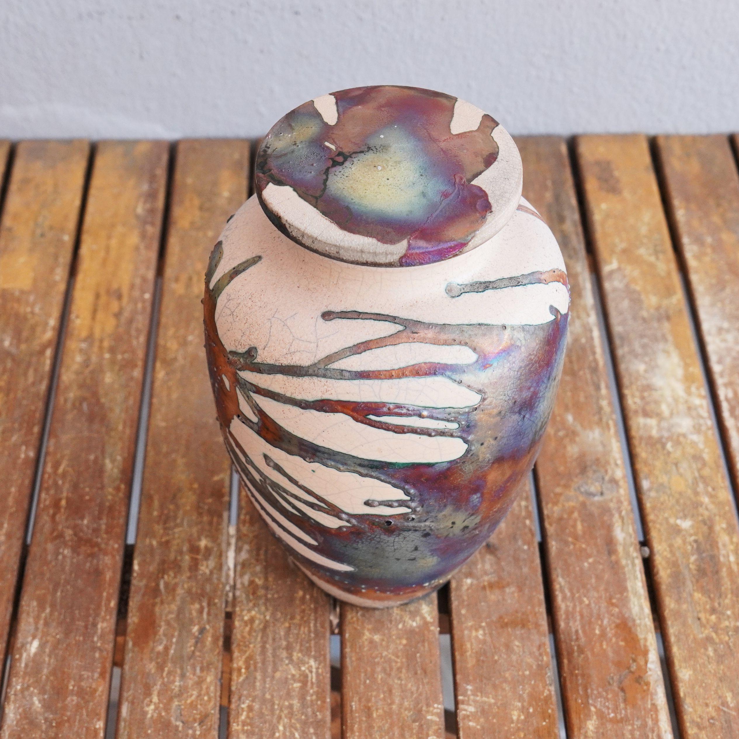 Contemporary Pre-Order Omoide Urn 170 Cubic Inches, Half Copper Matte, Ceramic Raku Pottery For Sale