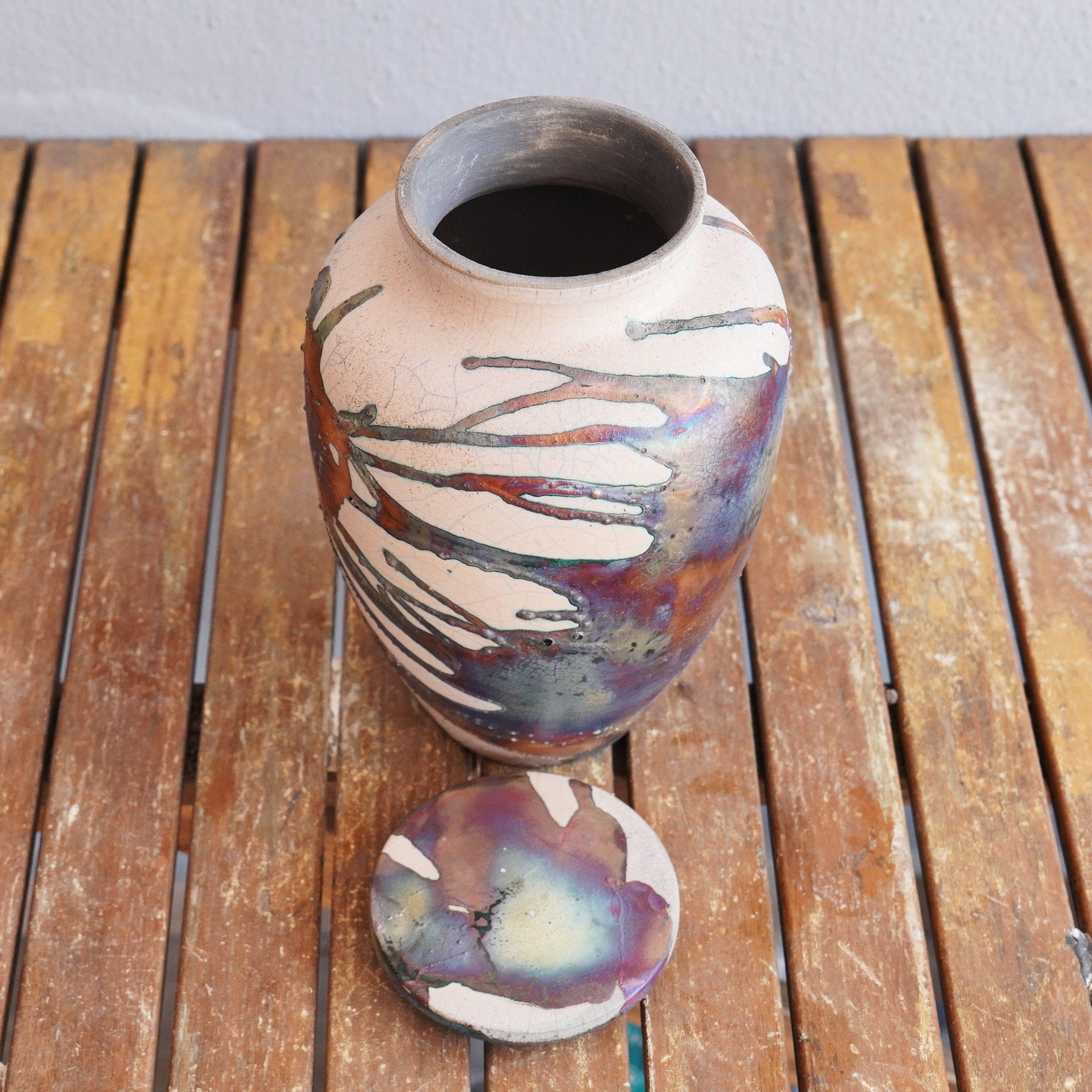 Pre-Order Omoide Urn 170 Cubic Inches, Half Copper Matte, Ceramic Raku Pottery For Sale 1