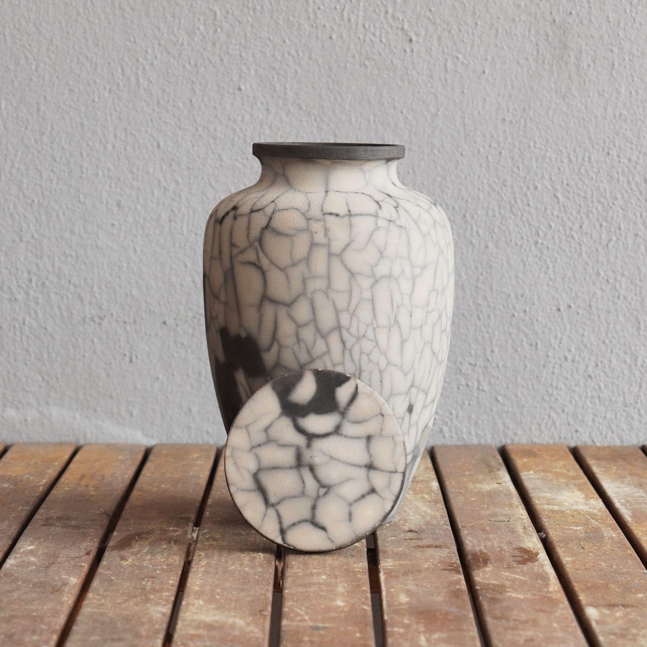 Modern Pre-Order Omoide Urn, Smoked Raku, Ceramic Raku Pottery For Sale