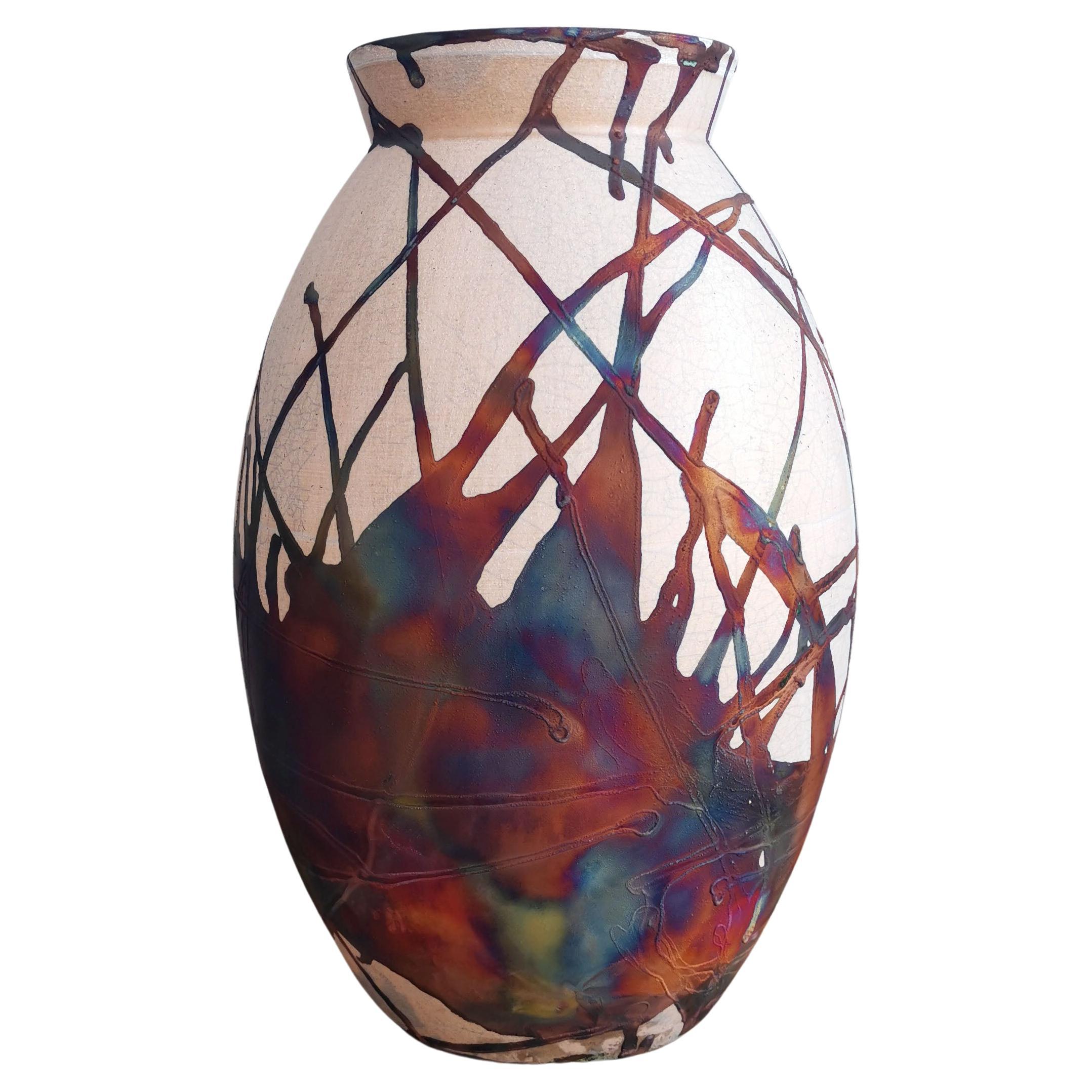 Pre-Order Raaquu Raku Pottery Large Oval XL 14" Ceramic Vase - H.C Matte For Sale