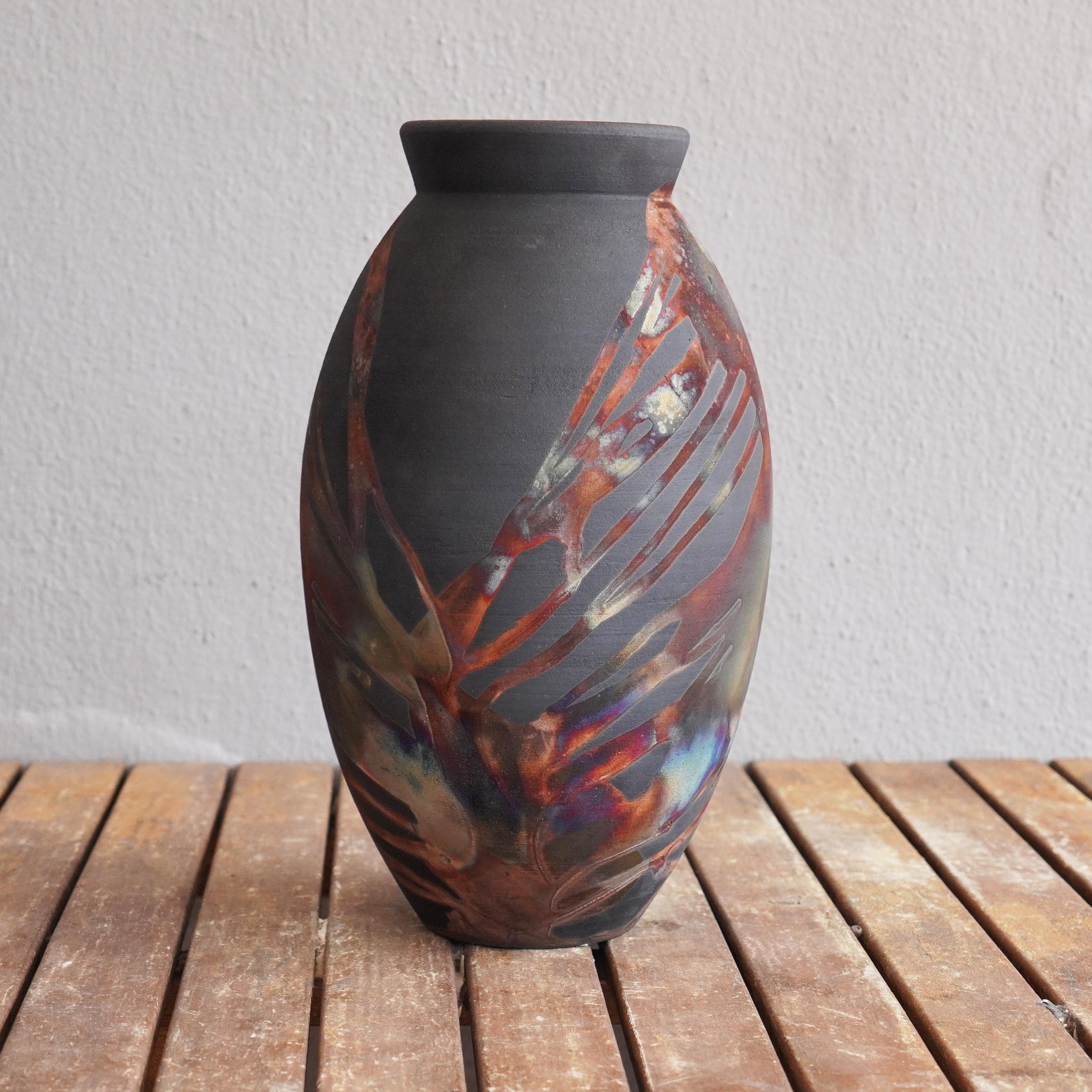 Modern Pre-Order Raku 13.5in Large Oval Vase - Carbon Copper - Ceramic Pottery Decor For Sale