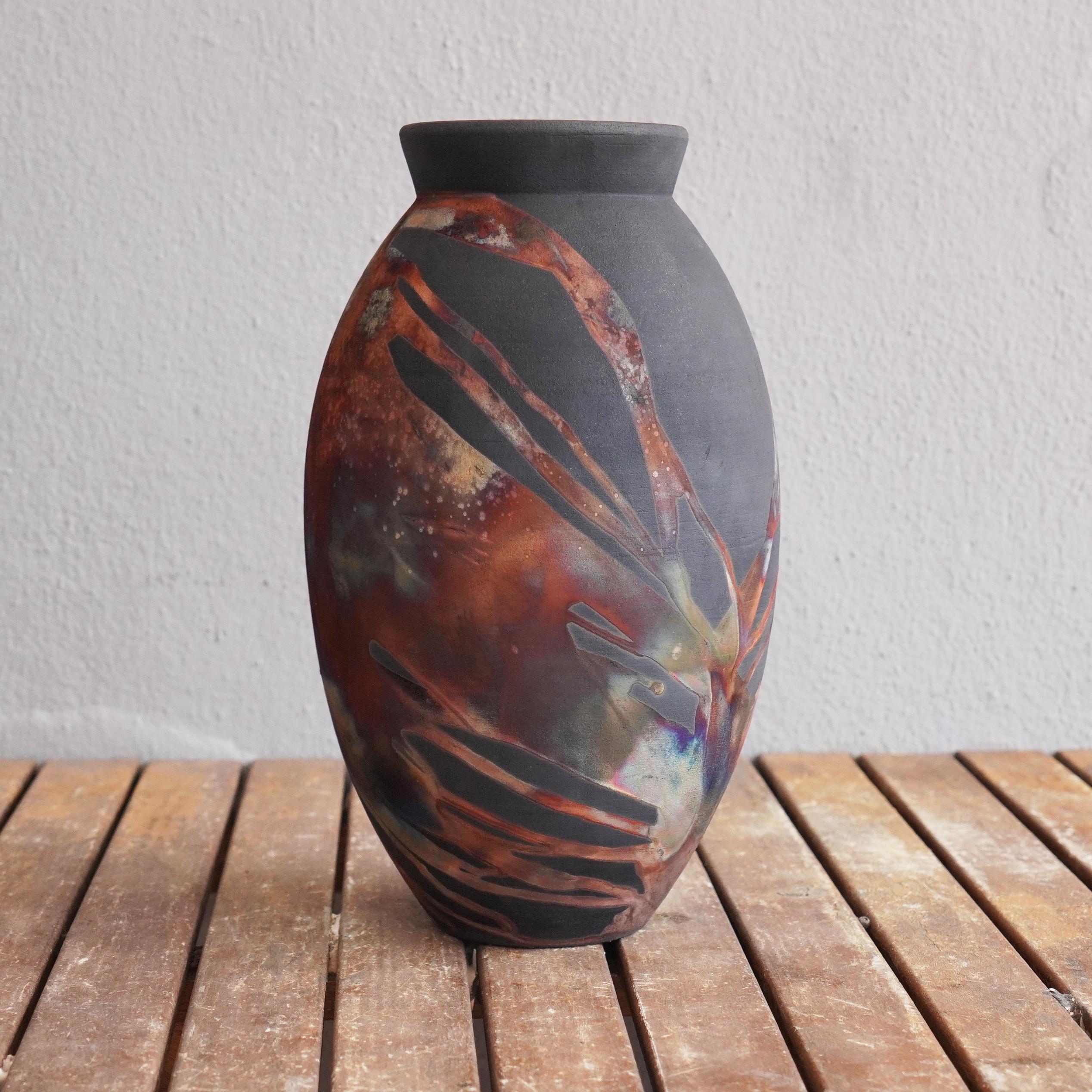 Malaysian Pre-Order Raku 13.5in Large Oval Vase - Carbon Copper - Ceramic Pottery Decor For Sale