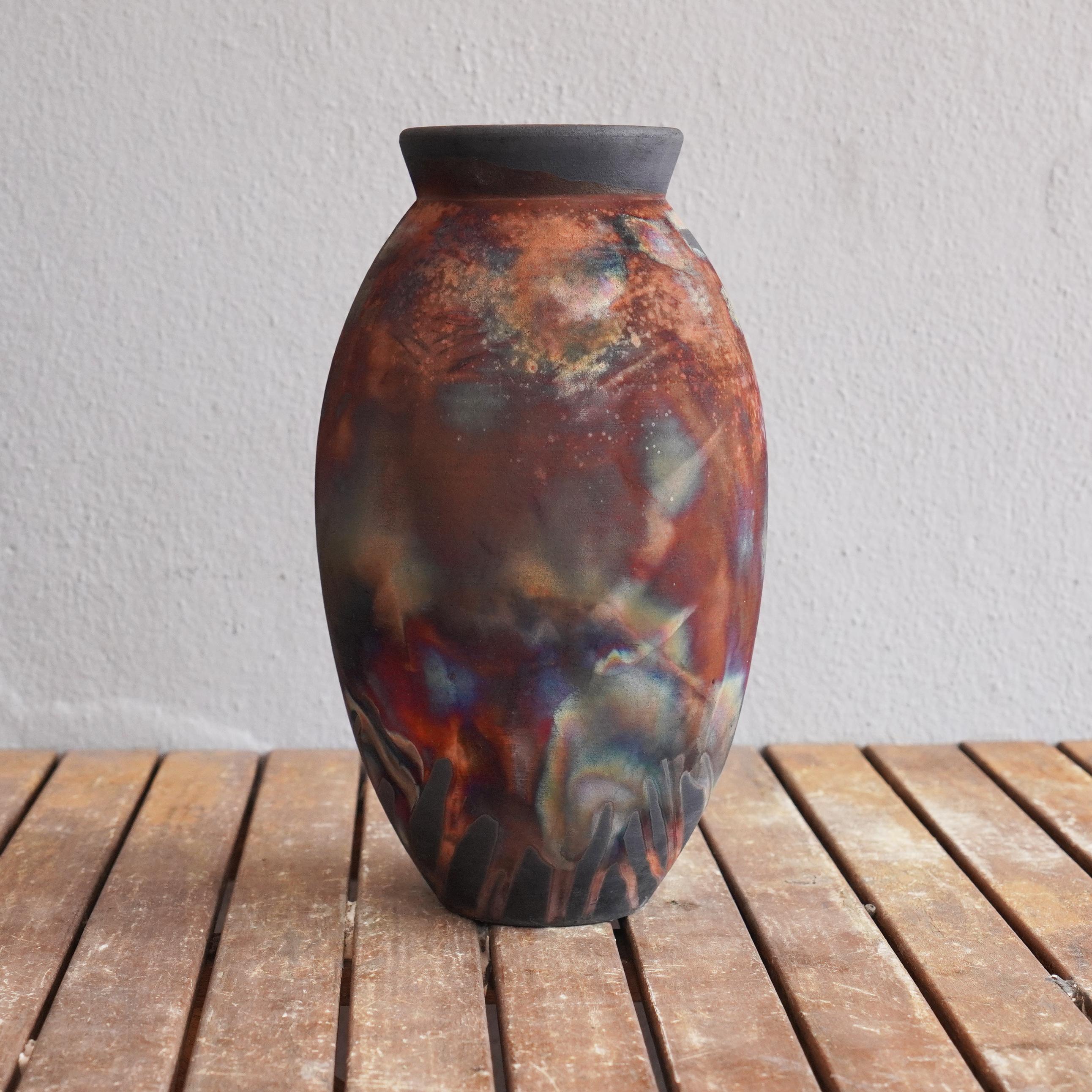Fired Pre-Order Raku 13.5in Large Oval Vase - Carbon Copper - Ceramic Pottery Decor For Sale