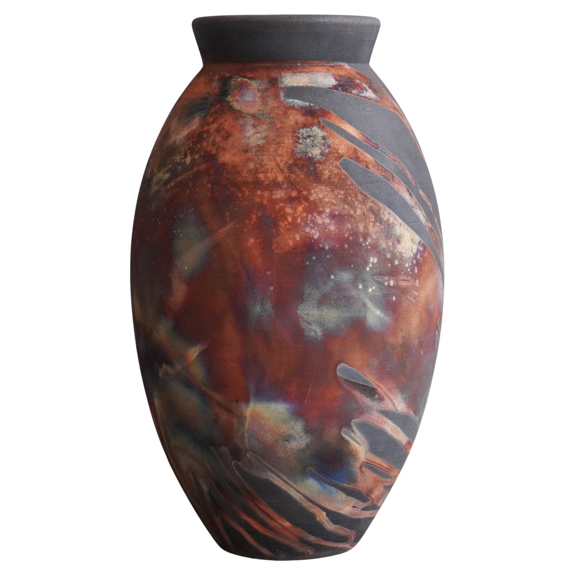 Pre-Order Raku 13.5in Large Oval Vase - Carbon Copper - Ceramic Pottery Decor For Sale