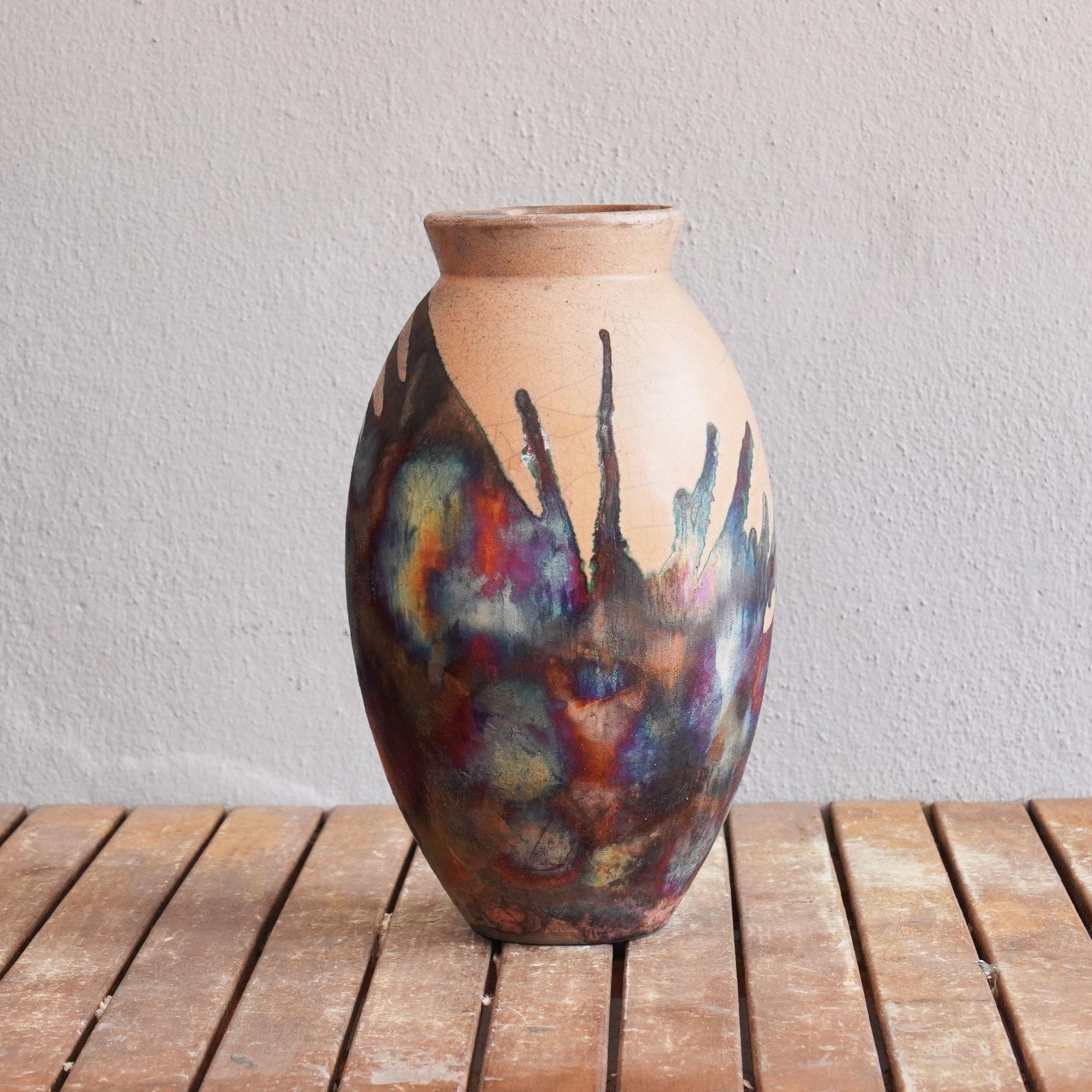 Modern Pre-Order Raku 13.5in Large Oval Vase, Half Copper Matte, Ceramic Pottery Decor For Sale