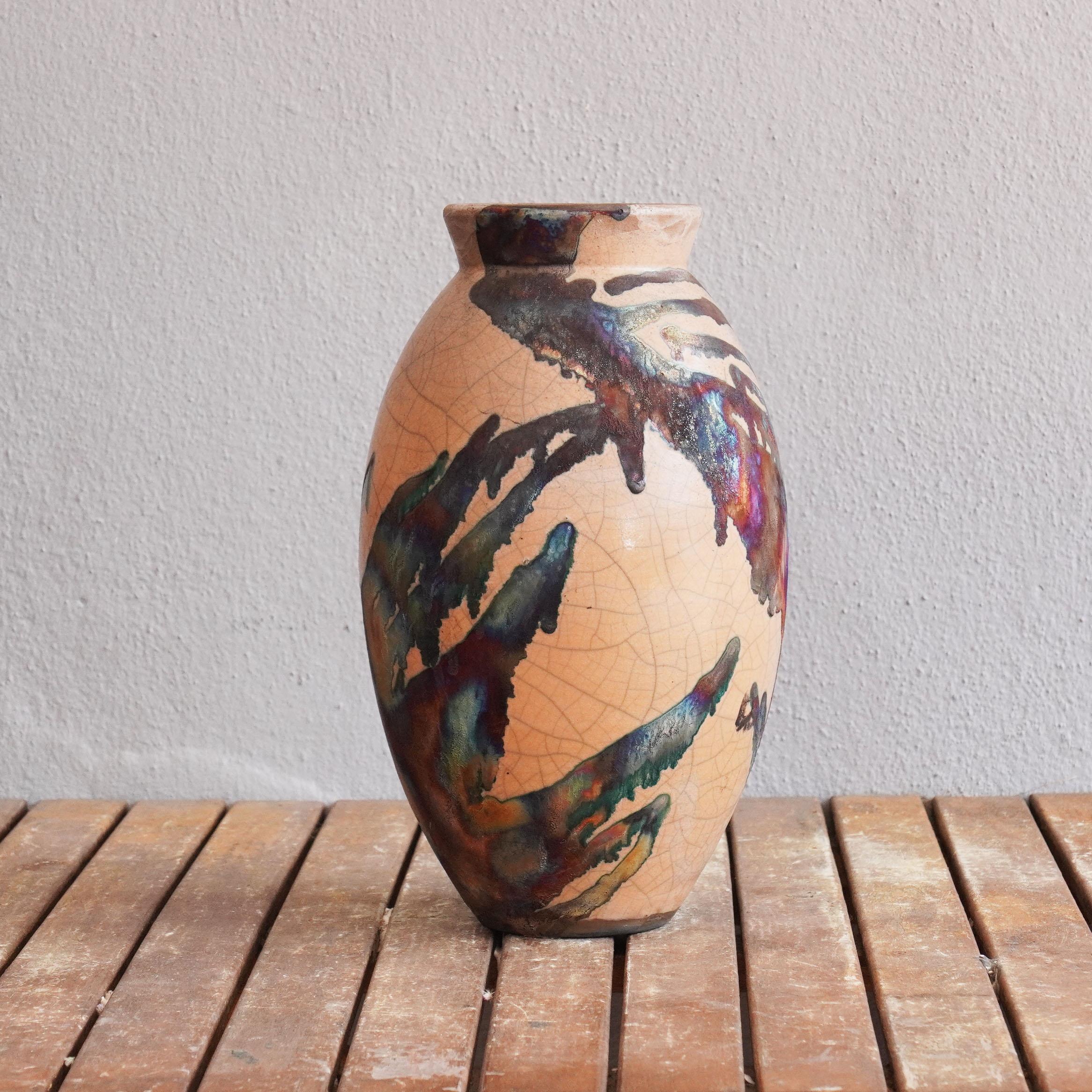 Glazed Pre-Order Raku 13.5in Large Oval Vase, Half Copper Matte, Ceramic Pottery Decor For Sale