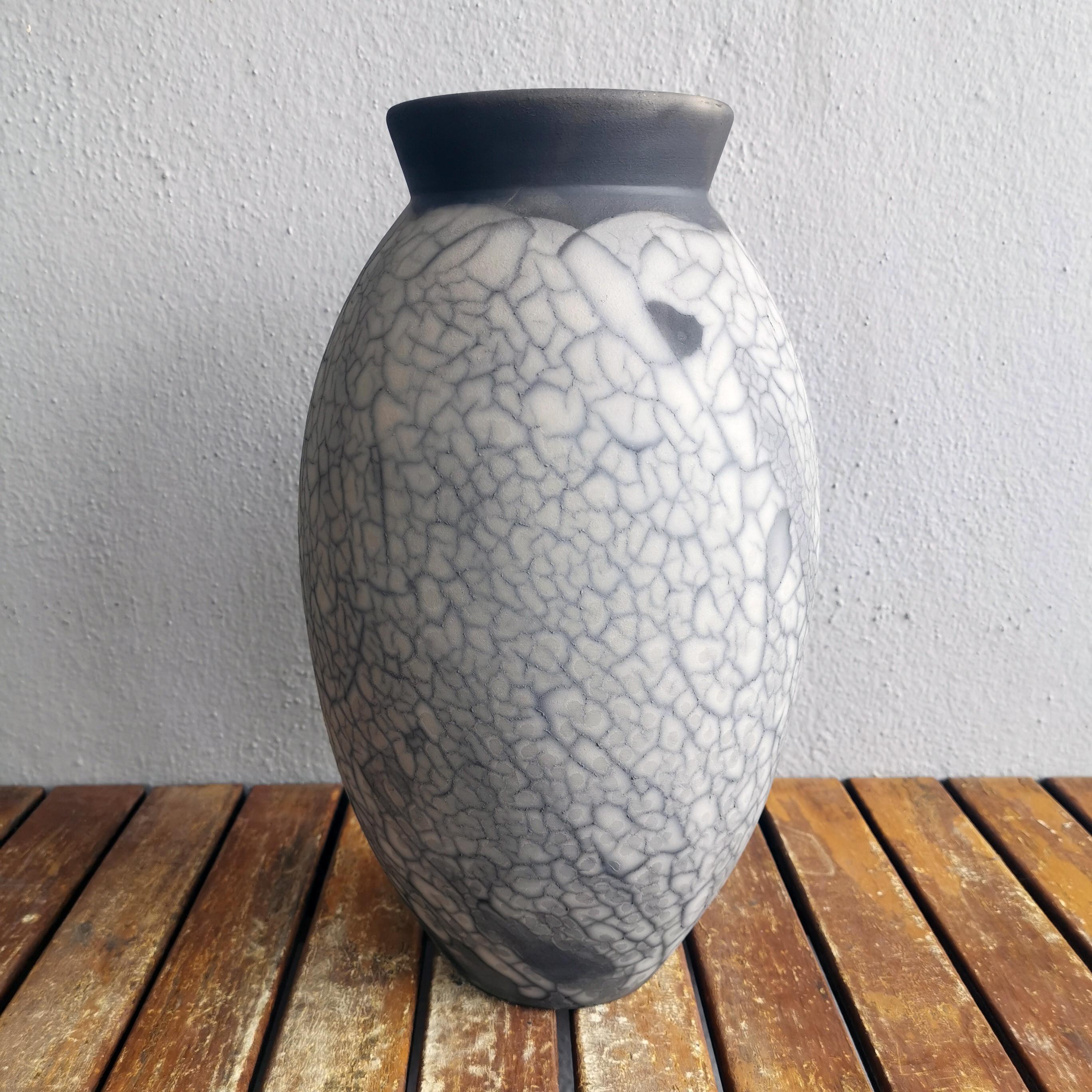 Modern Pre-Order Raku 13.5in Large Oval Vase, Smoked Raku, Ceramic Pottery Decor For Sale