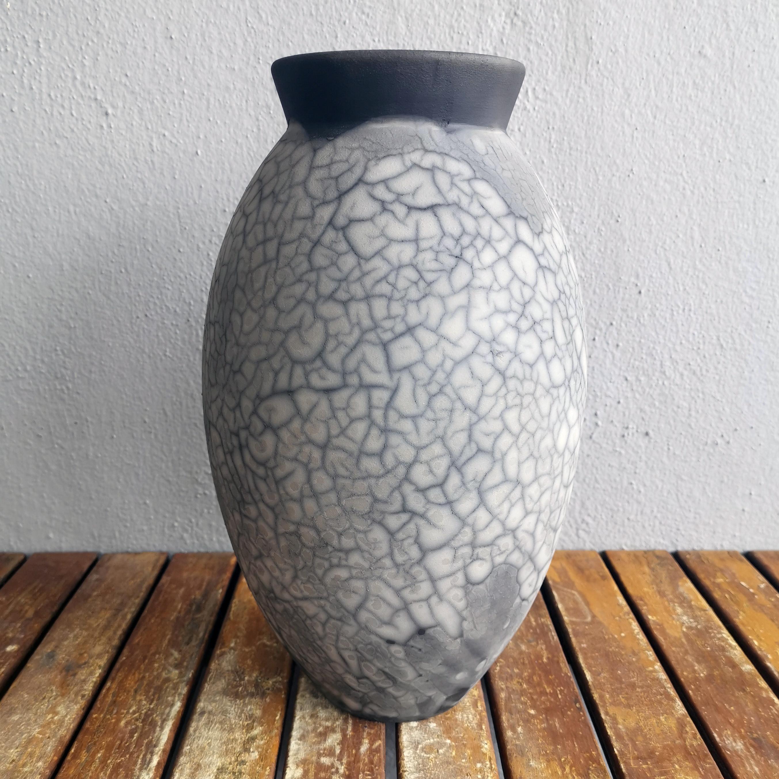Malaysian Pre-Order Raku 13.5in Large Oval Vase, Smoked Raku, Ceramic Pottery Decor For Sale