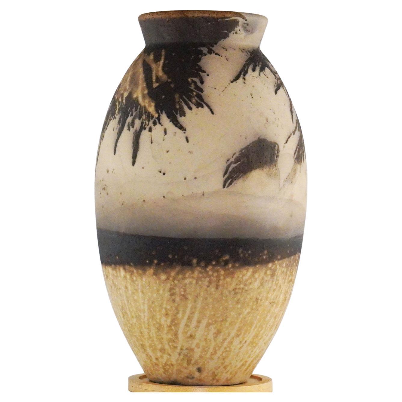 Grand vase ovale Raku précoce, Obvara, Décoration en céramique