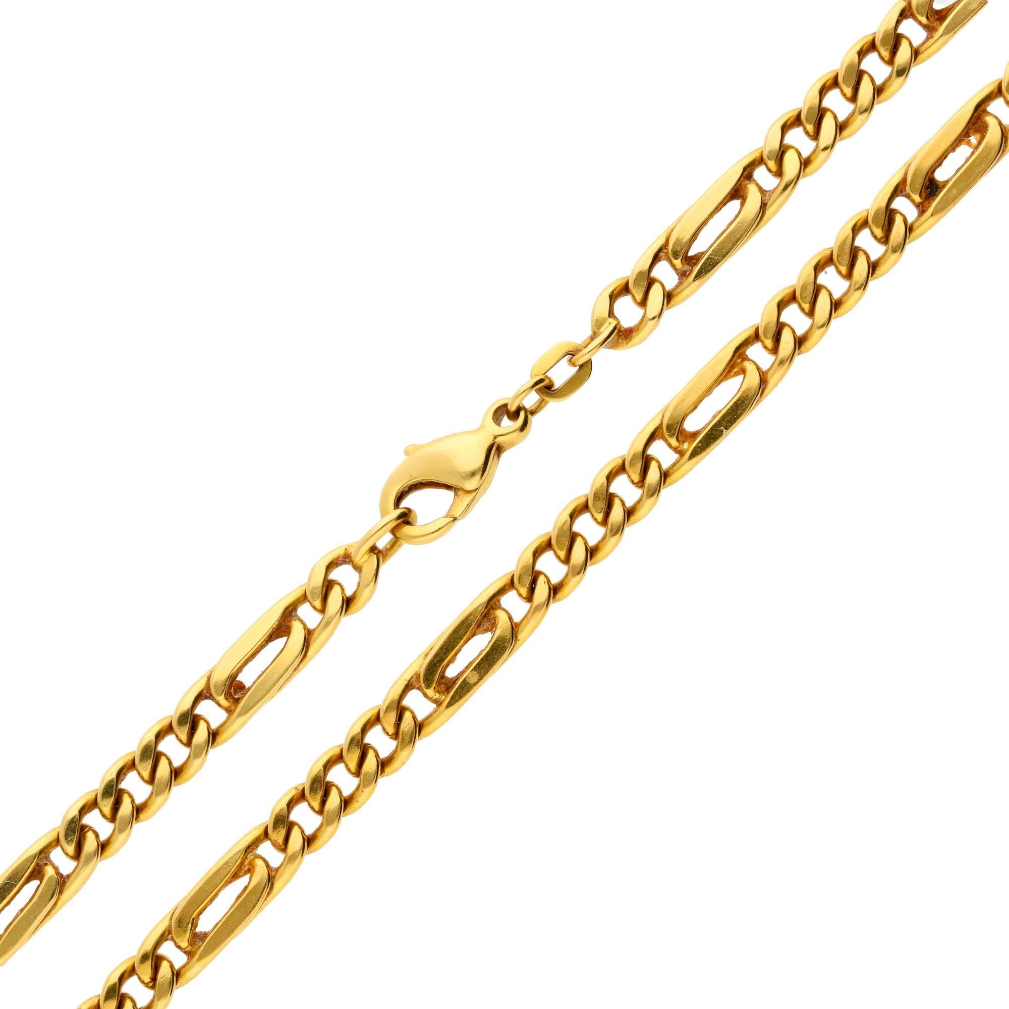 A classic design figaro chain crafted in 18ct gold measuring 4.7mm wide. A sturdy and solid chain measuring 18 inches long, this is the ideal piece to wear alone and every day.

Stamped 18ct. Tested as 18ct Gold.