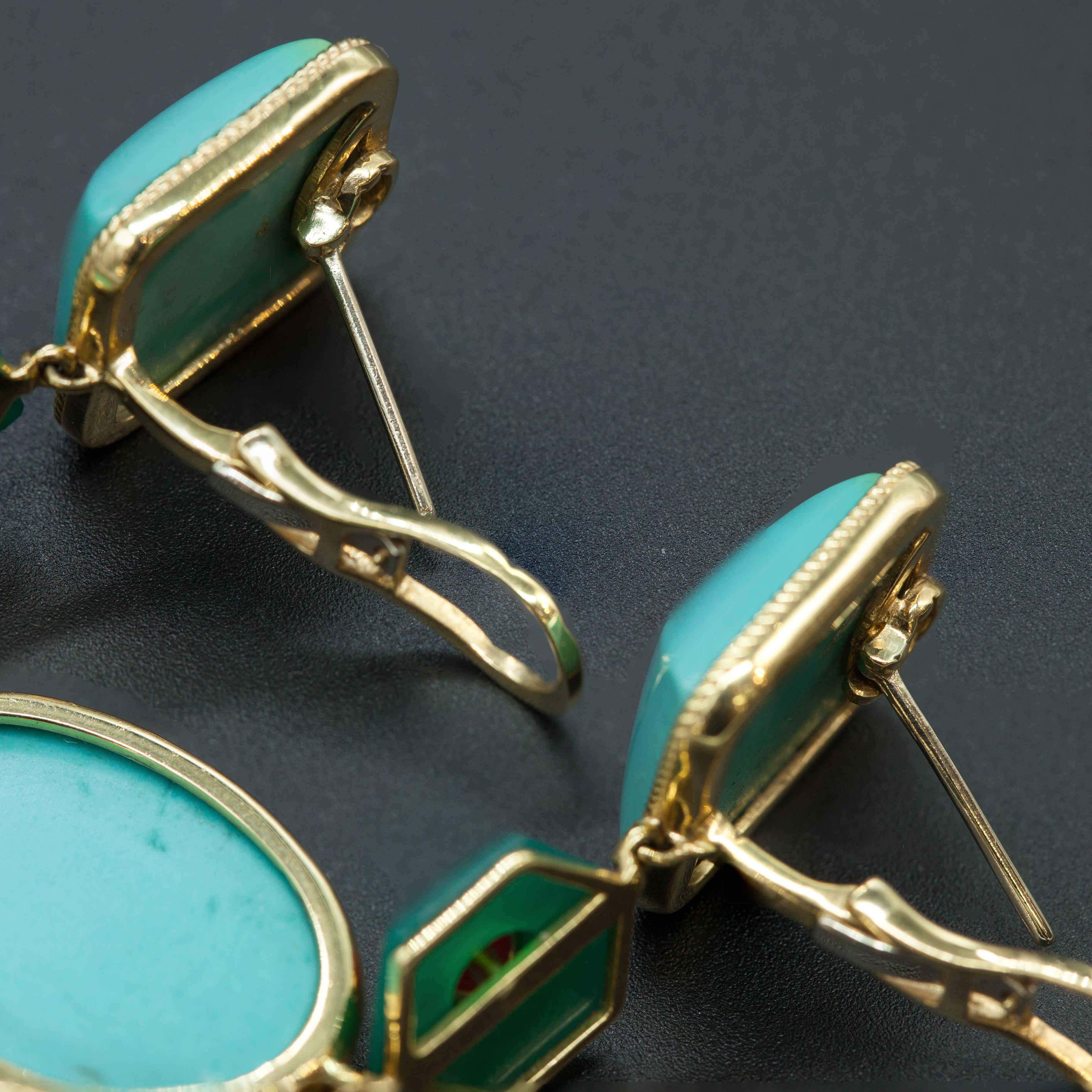 Pre-owned 18K Sleeping Beauty Turquoise Diamond Coral Agate Earrings 4
