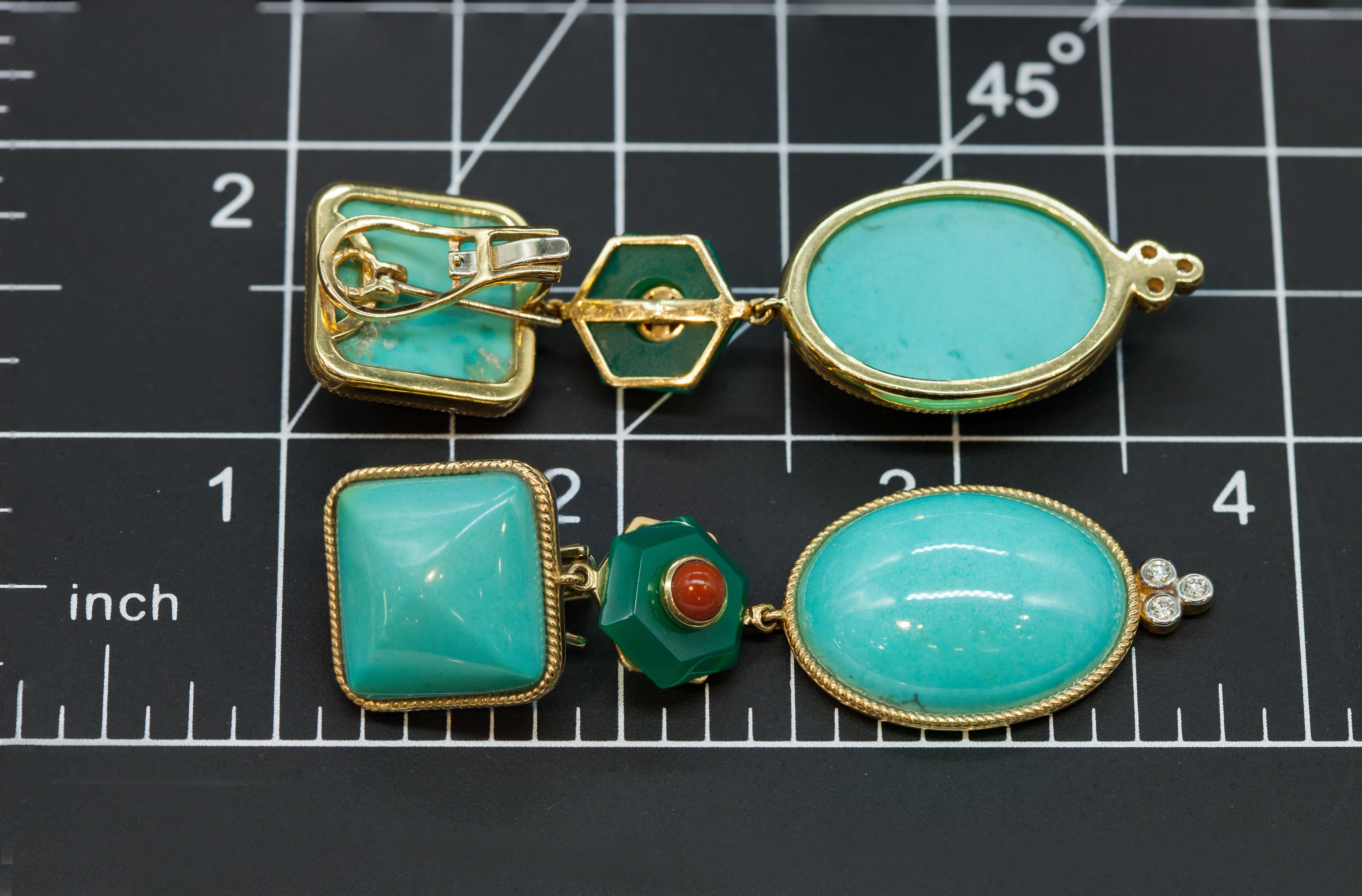 Pre-owned 18K Sleeping Beauty Turquoise Diamond Coral Agate Earrings 5