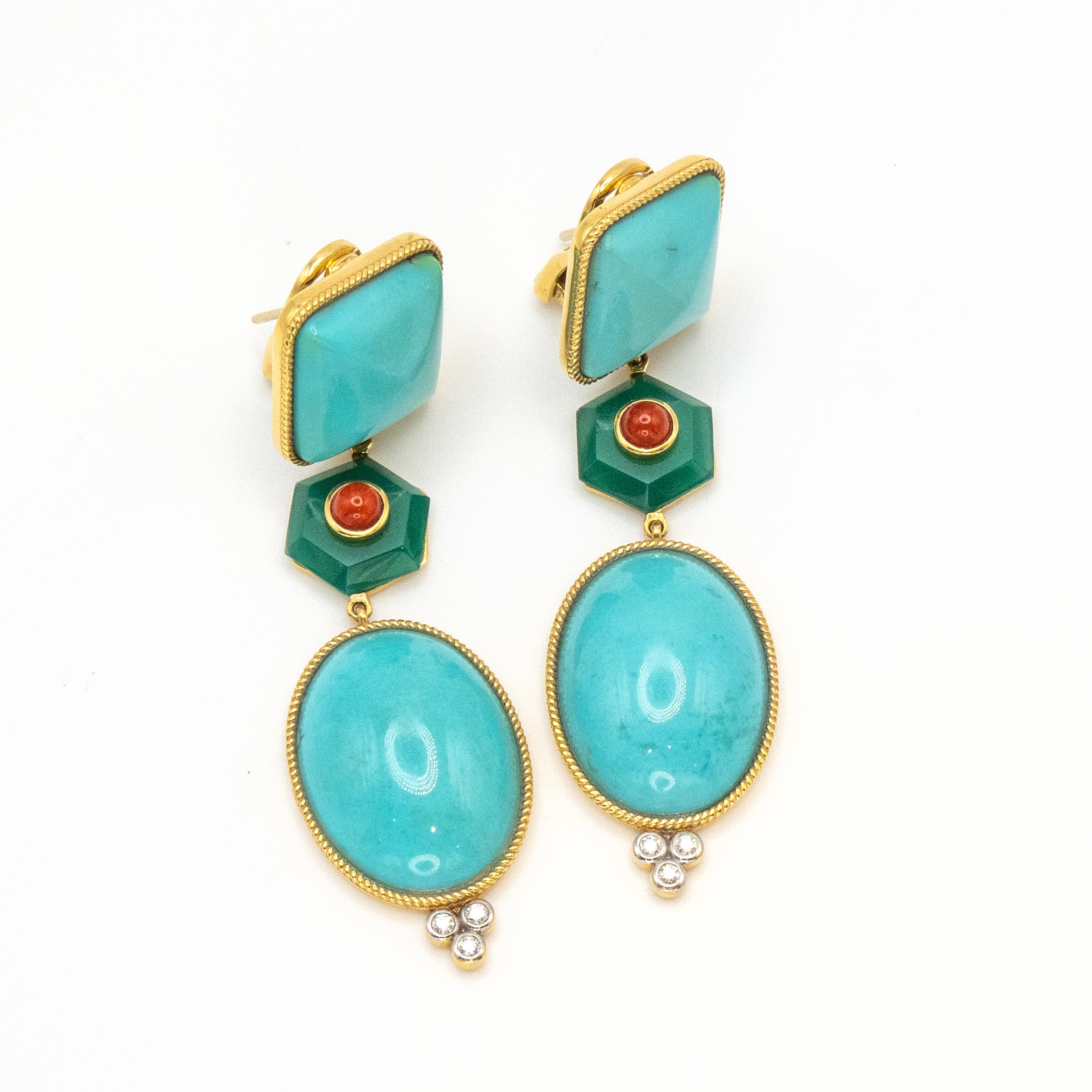 18K Yellow Gold Turquoise Earrings set with Sleeping Beauty Turquoise top, green agate & Coral. Large Oval Sleeping Beauty Turquoise drop, 3 brilliant Diamond in H color VS2 clarity motif on each. Secure Omega Backs &Collapsible posts

Approximate