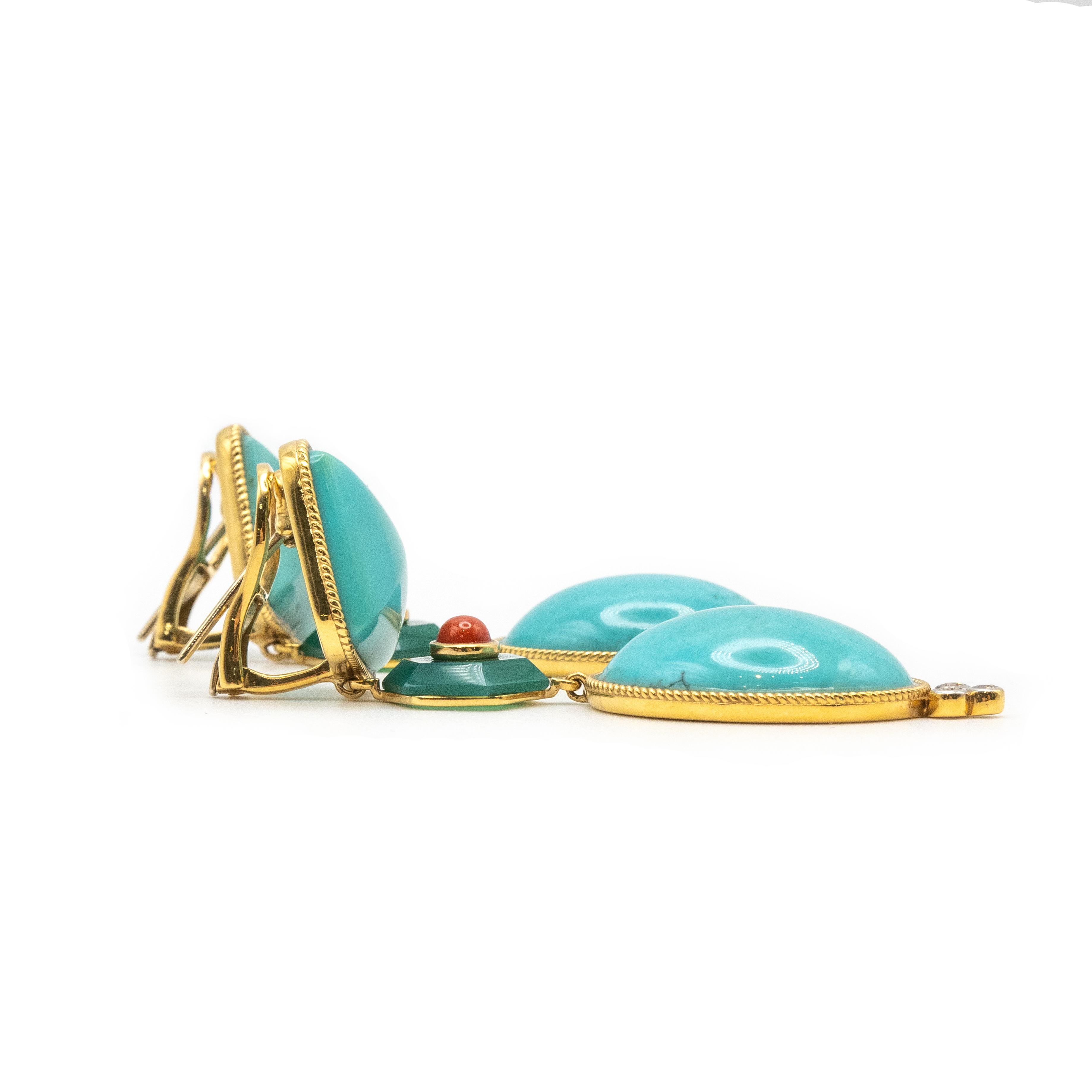 Modern Pre-owned 18K Sleeping Beauty Turquoise Diamond Coral Agate Earrings