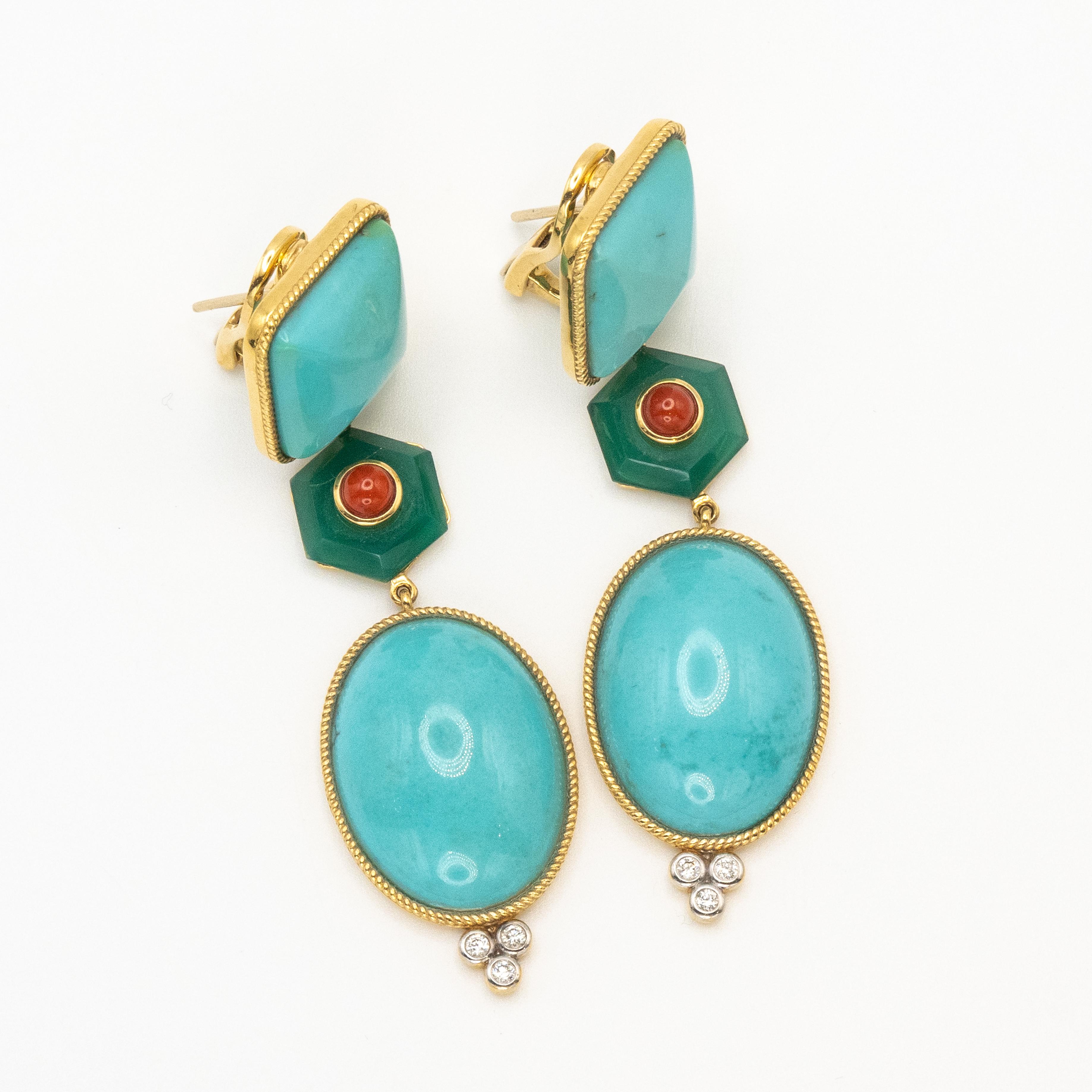 Cabochon Pre-owned 18K Sleeping Beauty Turquoise Diamond Coral Agate Earrings