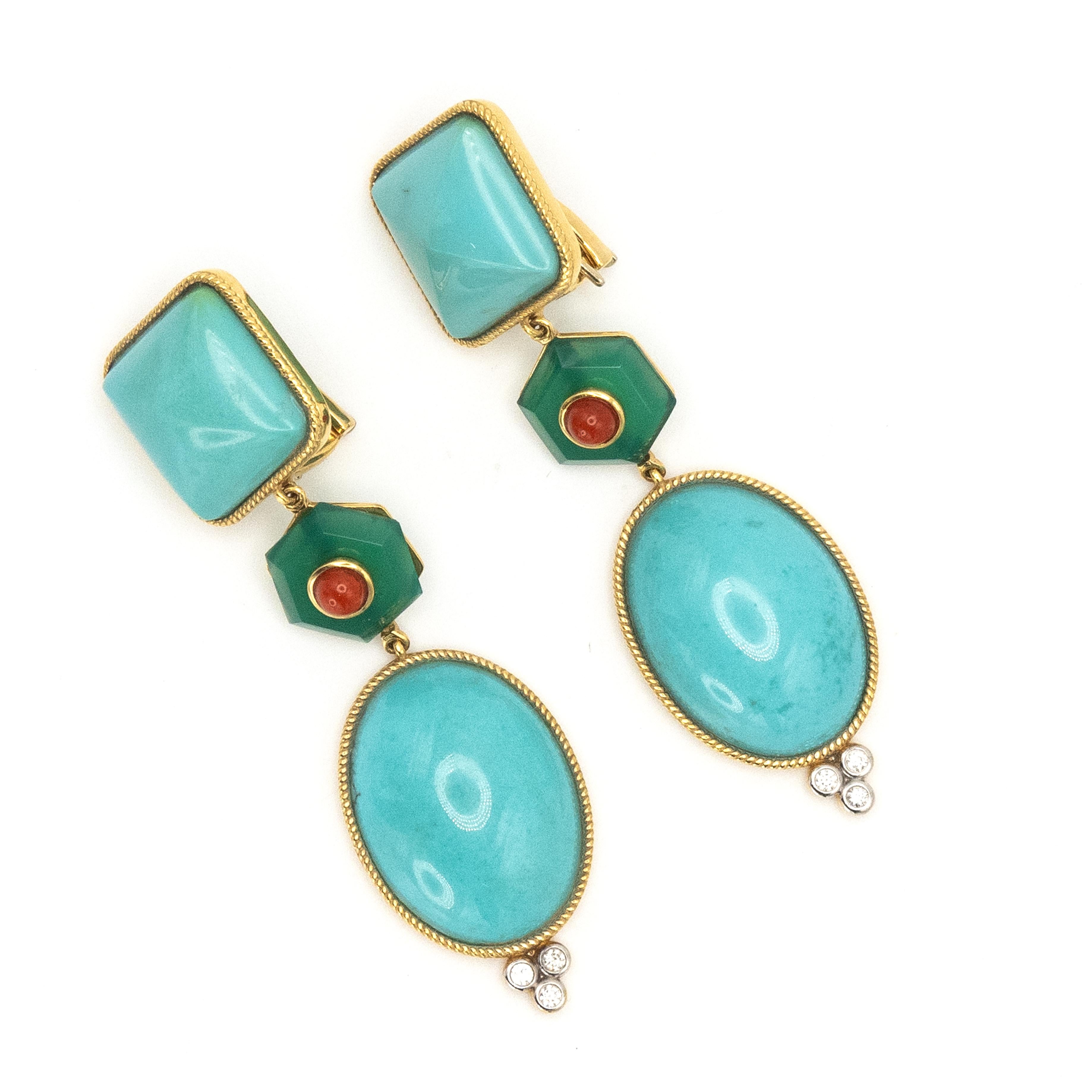 Pre-owned 18K Sleeping Beauty Turquoise Diamond Coral Agate Earrings In Excellent Condition In New York, NY