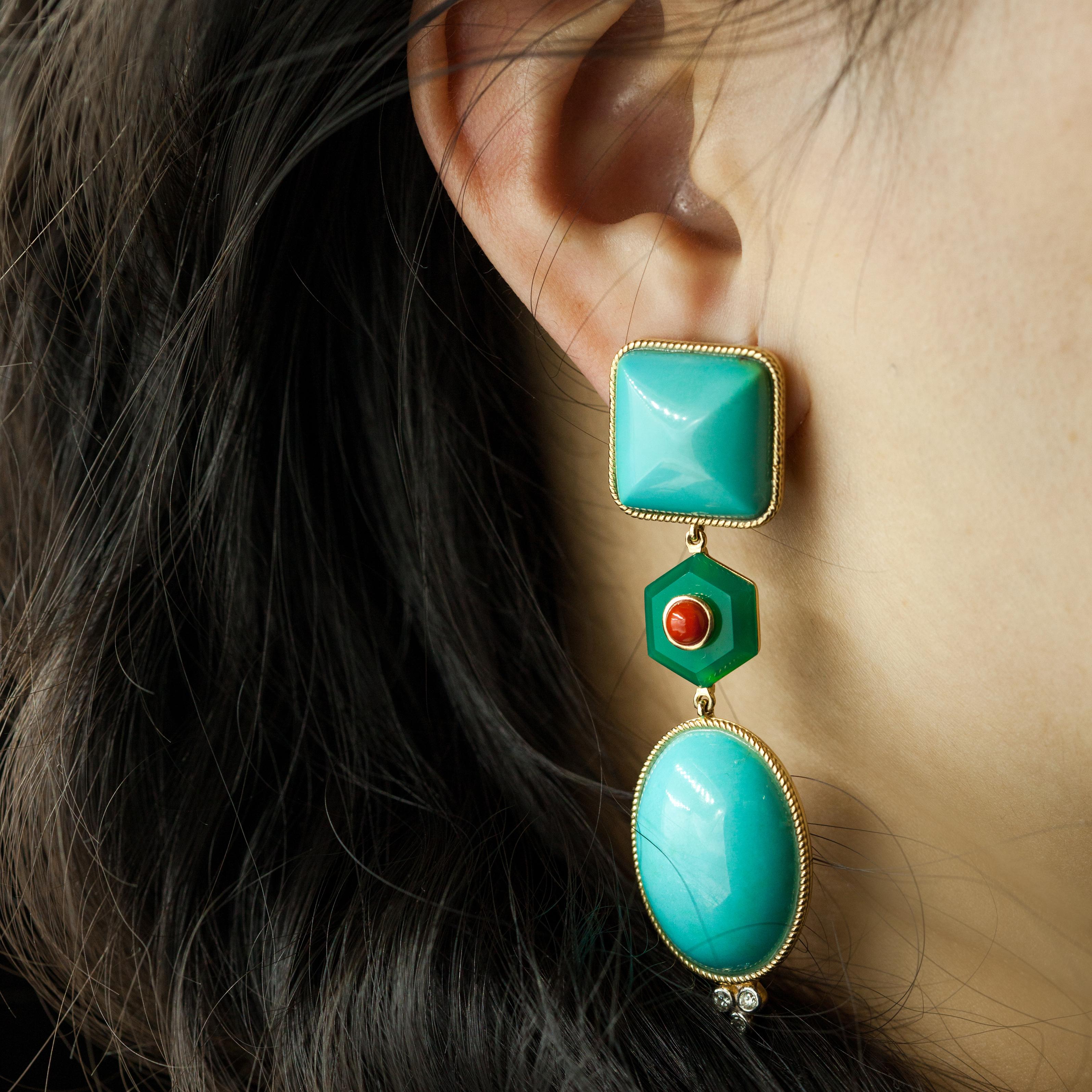 Women's Pre-owned 18K Sleeping Beauty Turquoise Diamond Coral Agate Earrings