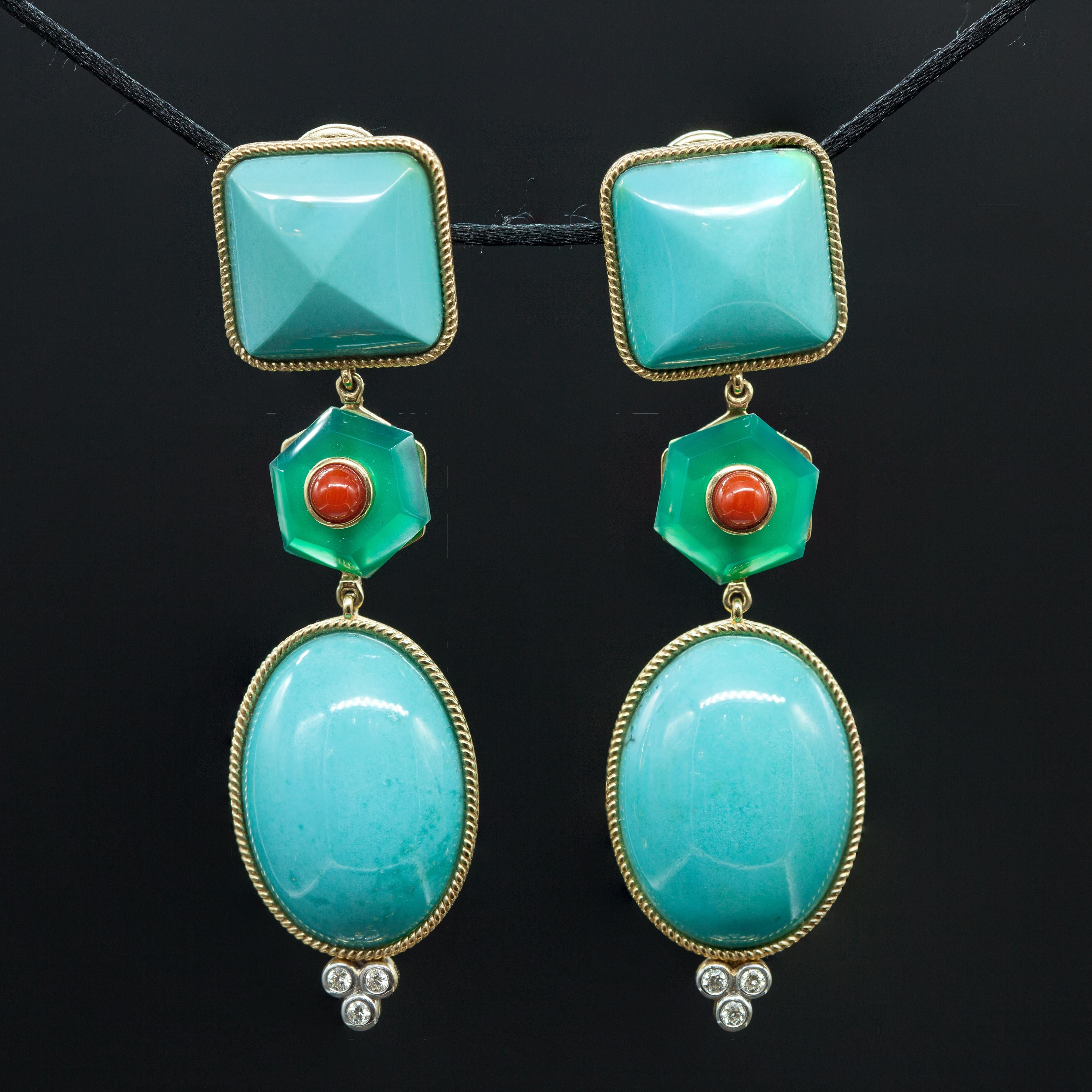 Pre-owned 18K Sleeping Beauty Turquoise Diamond Coral Agate Earrings 2