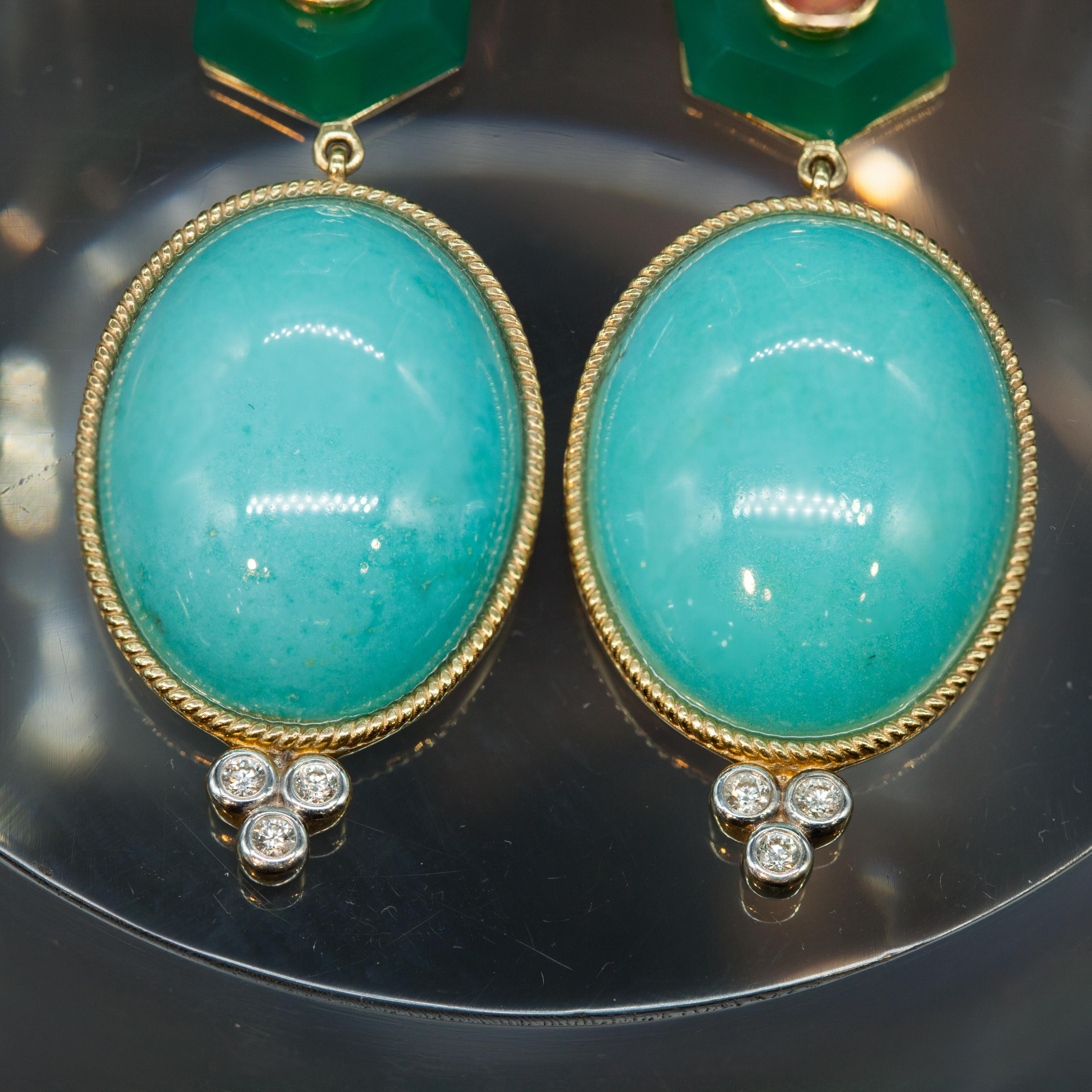Pre-owned 18K Sleeping Beauty Turquoise Diamond Coral Agate Earrings 3