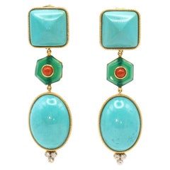 Pre-owned 18K Sleeping Beauty Turquoise Diamond Coral Agate Earrings