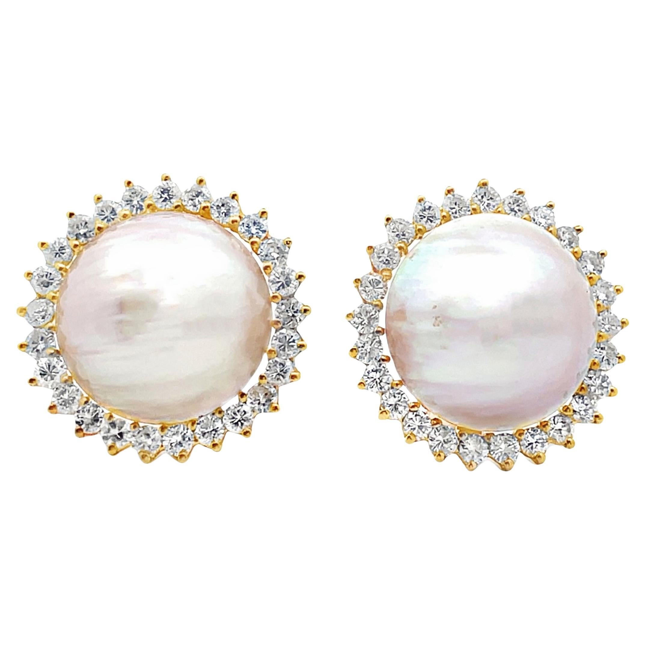 Pre-Owned 18K Yellow Gold Mobe Pearl 
3.50 Carat Diamond Earrings, Omega Backs