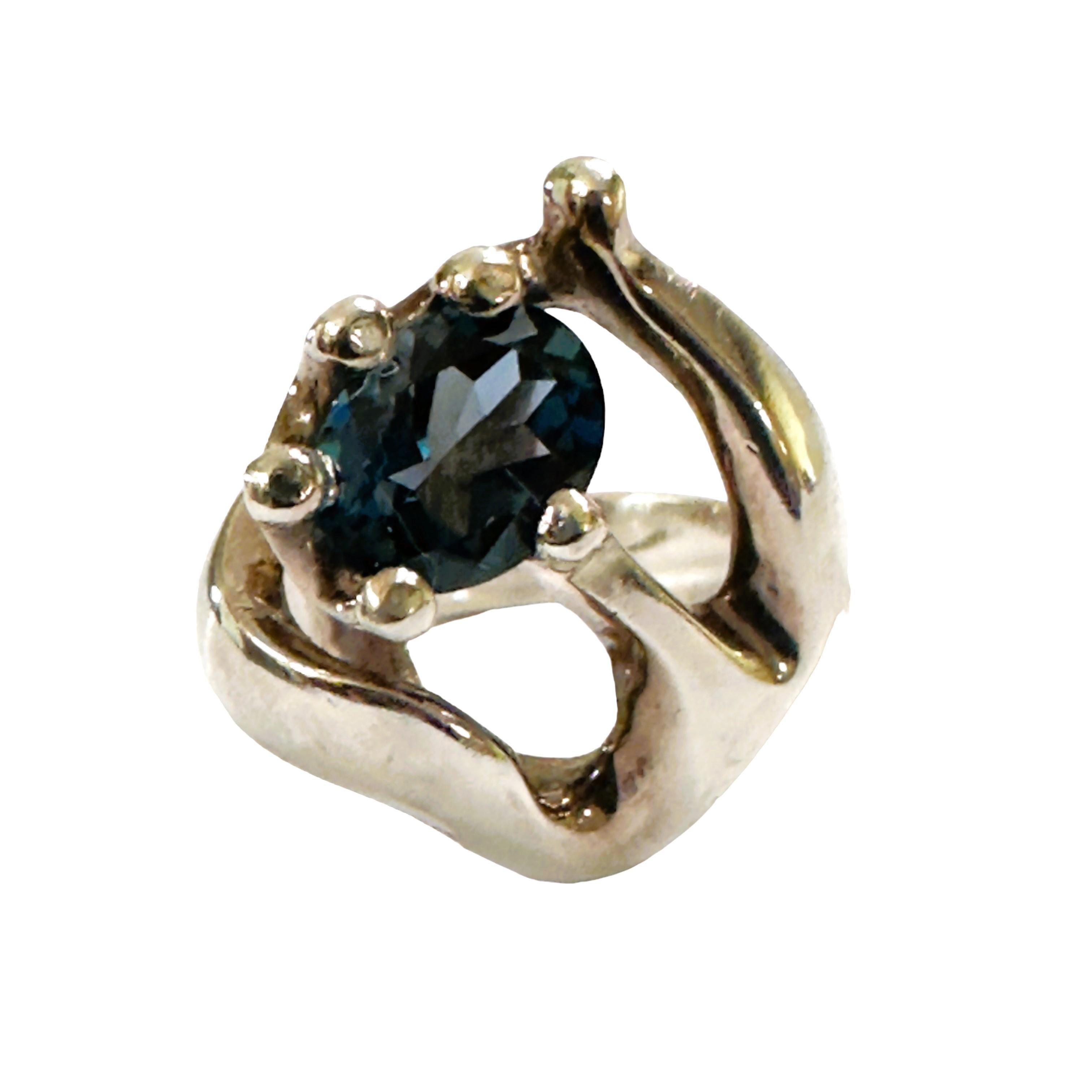 Women's Pre-Owned 2.54 Ct London Blue Topaz Modernist Brutalist Sterling Silver Ring For Sale