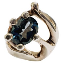 Vintage Pre-Owned 2.54 Ct London Blue Topaz Modernist Brutalist Sterling Silver Ring