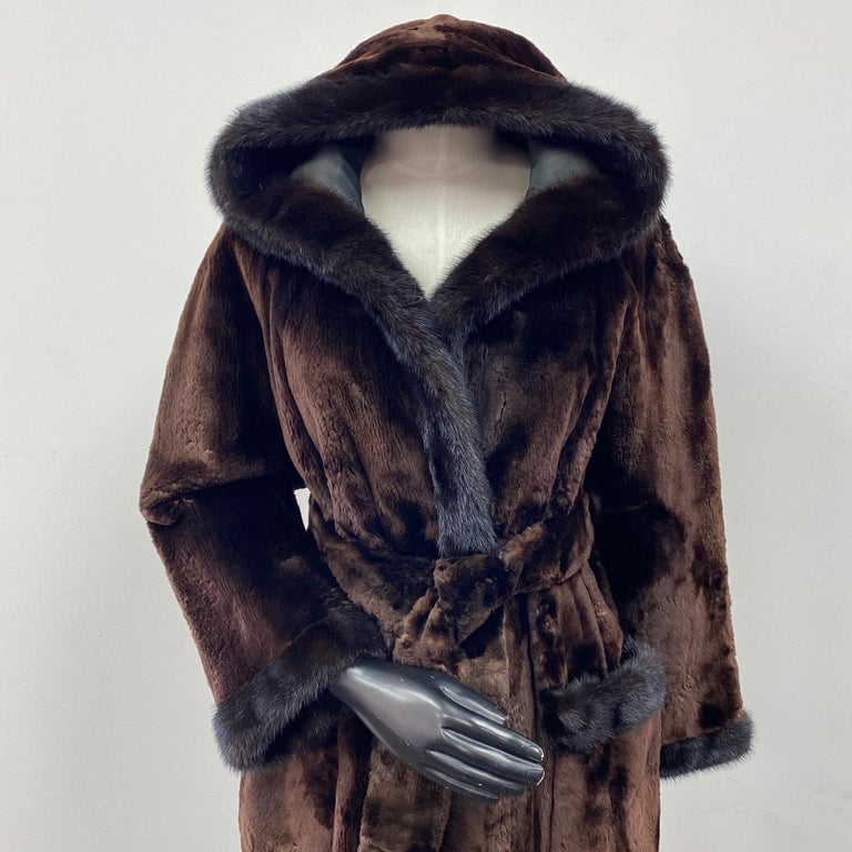 Preowned Alaskan Seal Fur Belted Coat with Mink Fur Trim and Hood