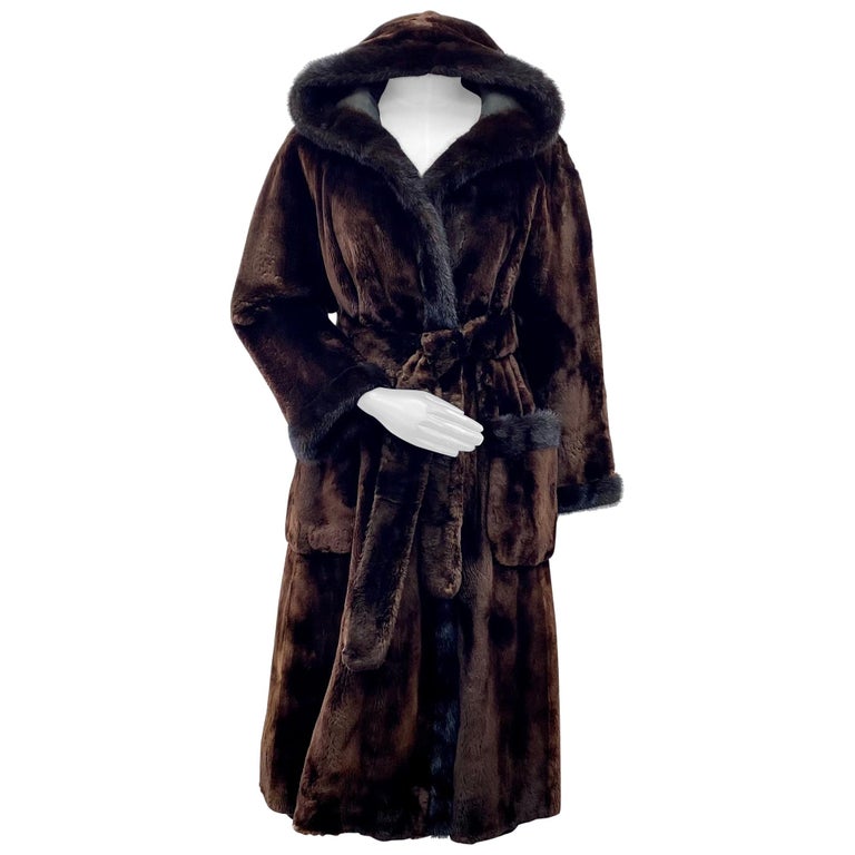 Preowned Alaskan Seal Fur Belted Coat with Mink Fur Trim and Hood