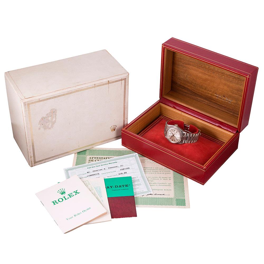 Pre-Owned “Bark” White Gold Rolex Day-Date Ref. #1807 with Box and Papers In Good Condition In Carmel-by-the-Sea, CA