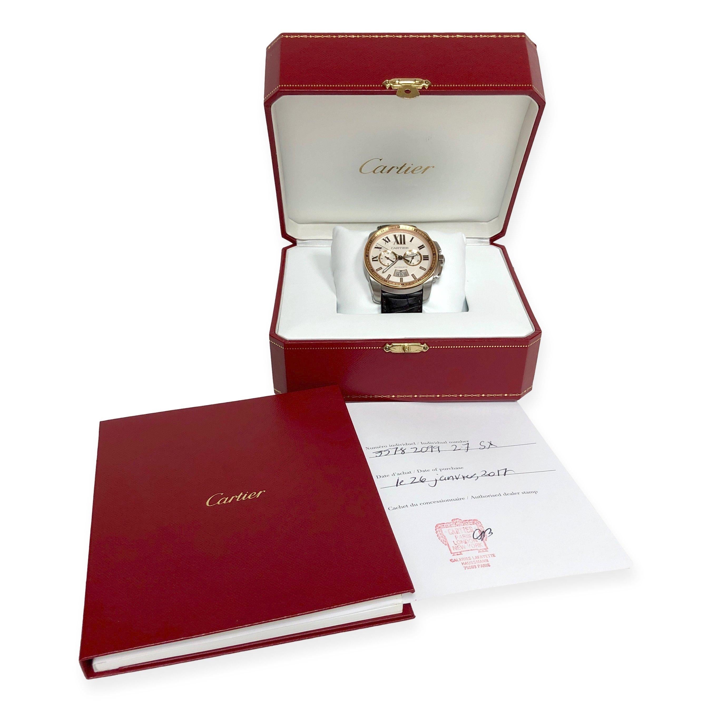 Pre-Owned Calibre de Cartier 18K Rose Gold Alligator Strap SS Watch W7100043 4