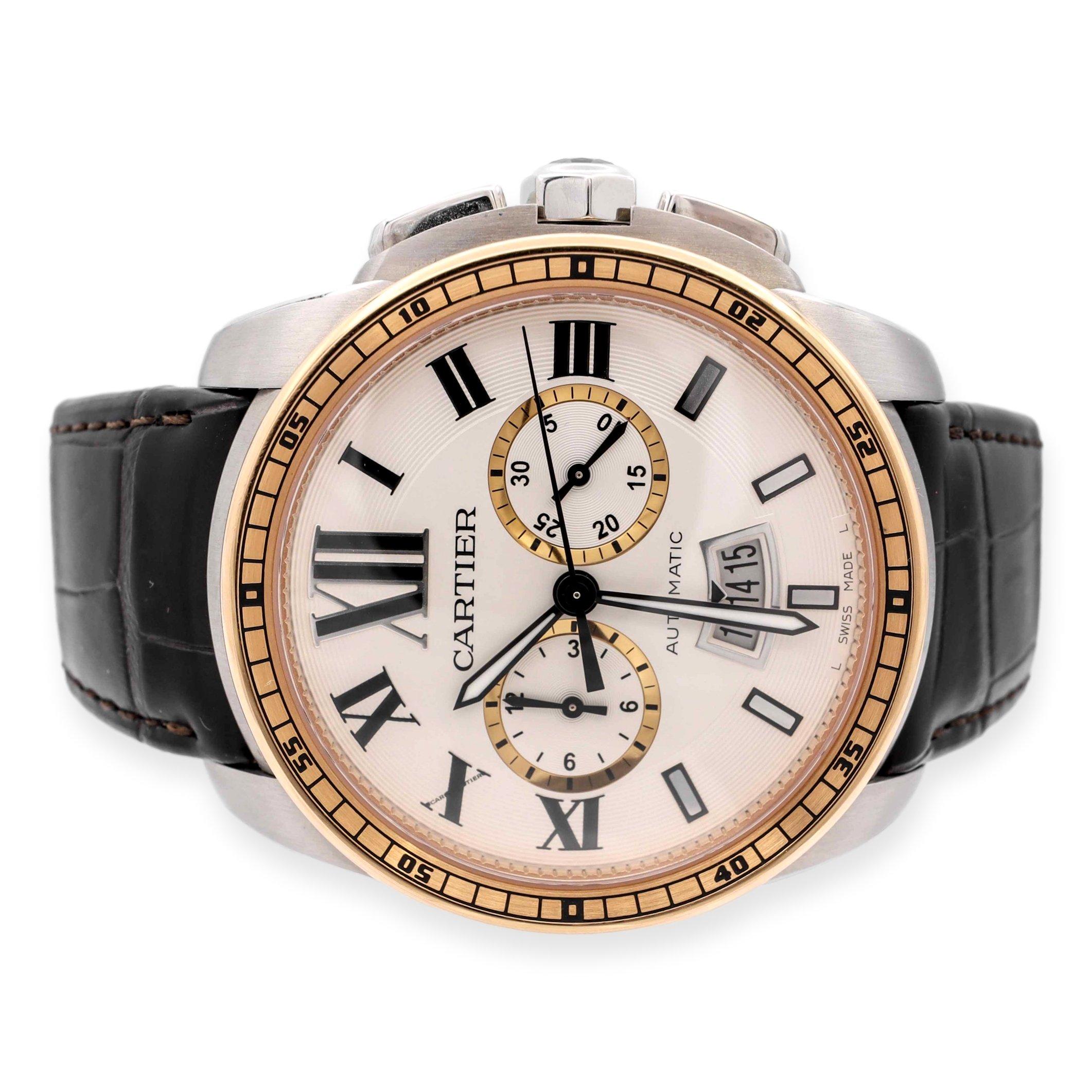Pre-Owned Calibre de Cartier 18K Rose Gold Alligator Strap SS Watch W7100043 In Good Condition In New York, NY