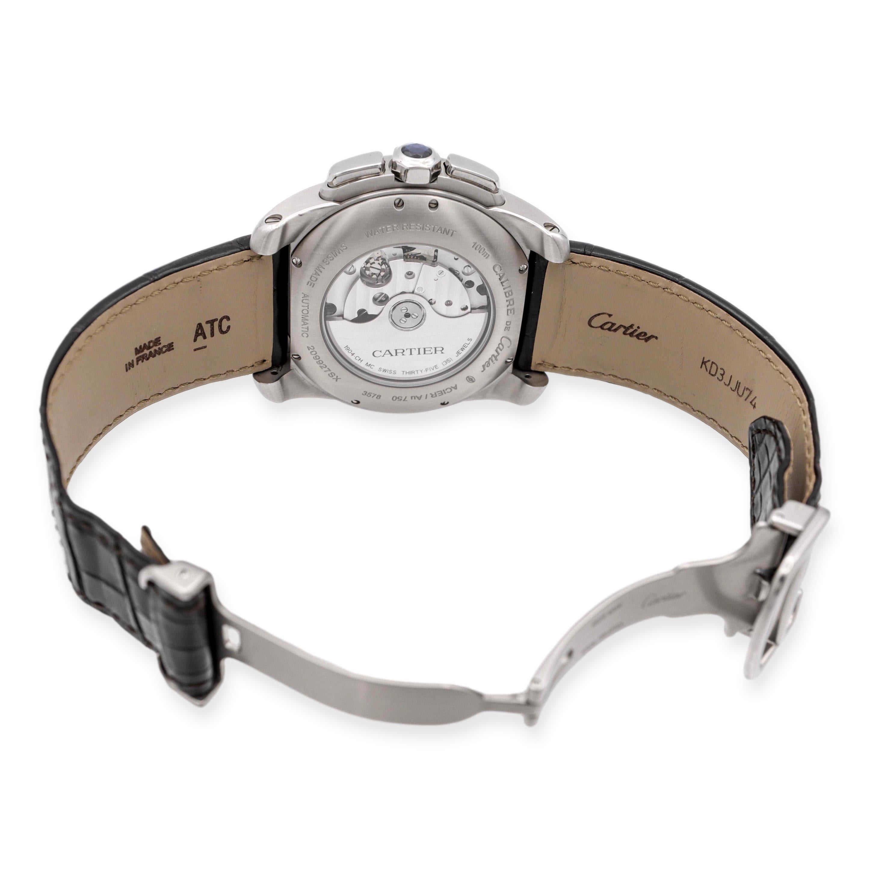 Women's or Men's Pre-Owned Calibre de Cartier 18K Rose Gold Alligator Strap SS Watch W7100043
