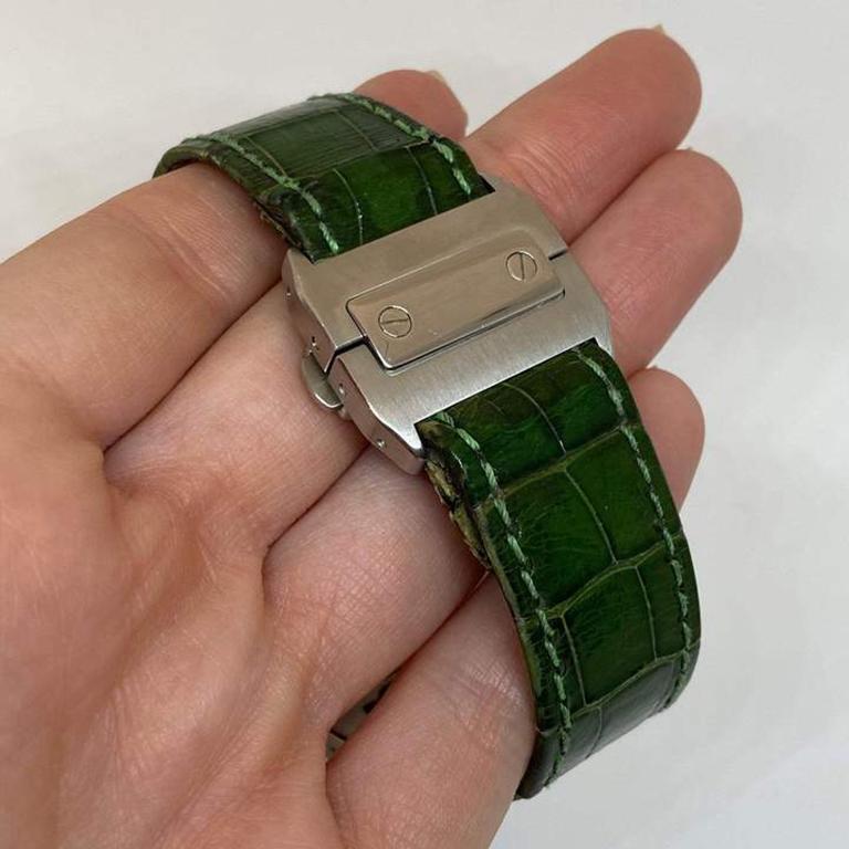 Pre-Owned Cartier Men's Xl Santos 100 Stainless Steel Green Strap Auto In Excellent Condition In Carmel-by-the-Sea, CA