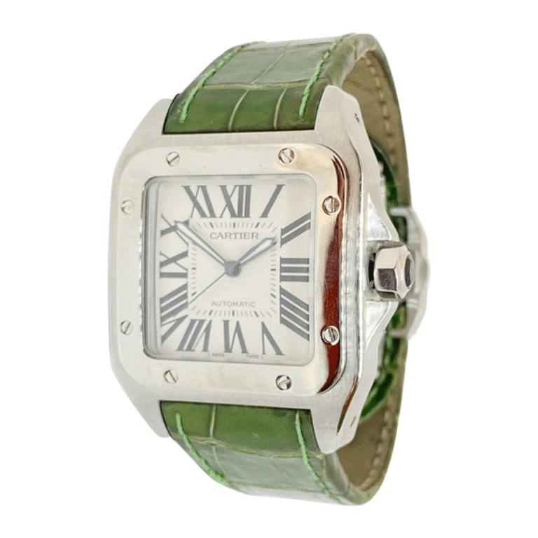 Pre-Owned Cartier Men's Xl Santos 100 Stainless Steel Green Strap Auto
