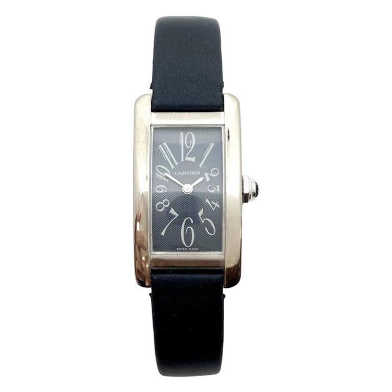 Cartier Tank Americaine Pequeño de oro blanco de 18 quilates usado, esfera gris y correa de satén en venta